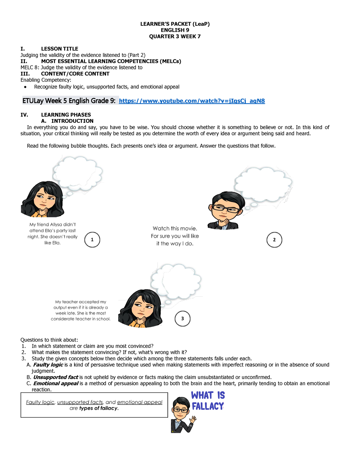 Leap English 9 Week 7 Leap Learners Packet Leap English 9 Quarter 3 Week 7 I Lesson 8795