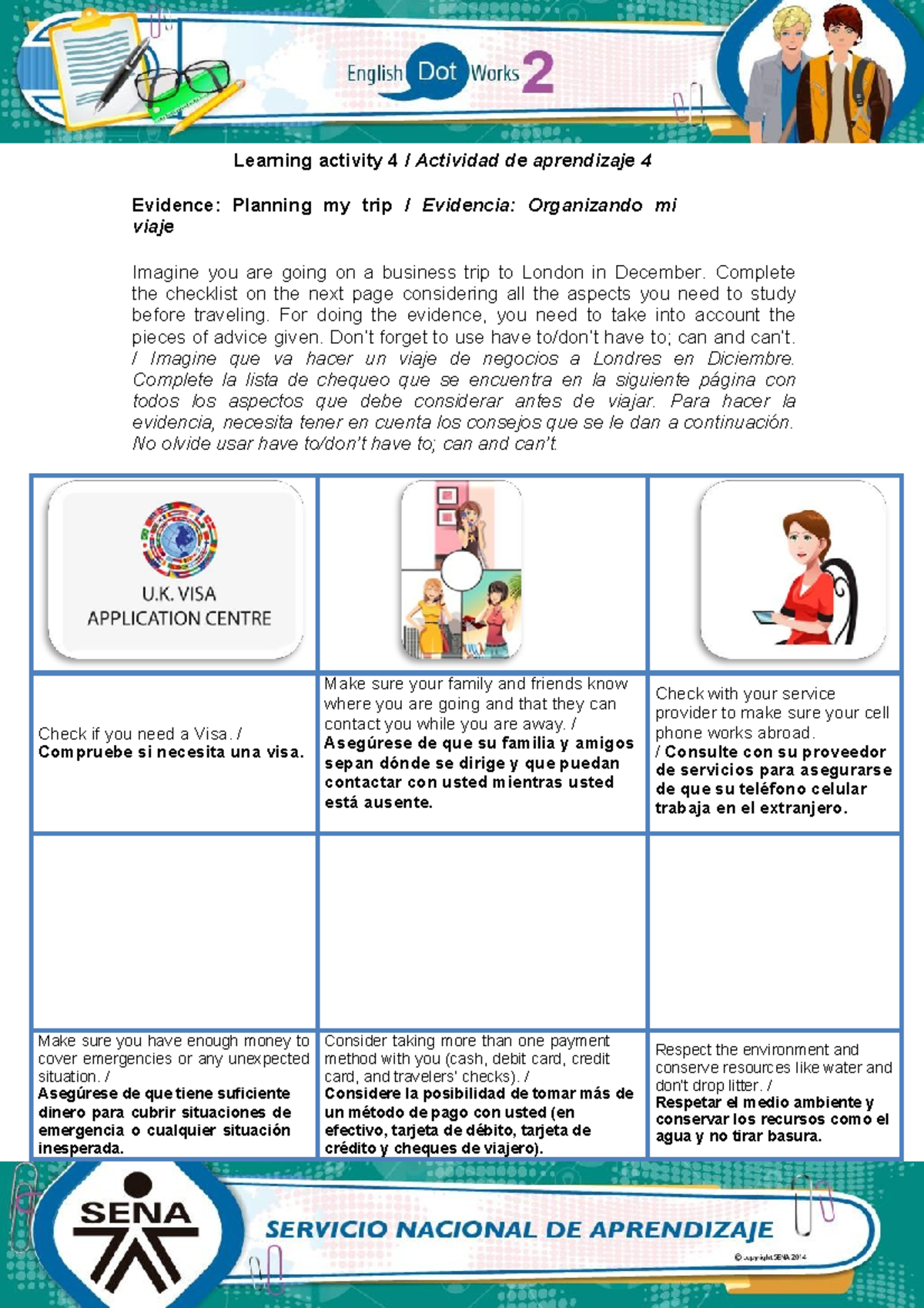 Evidence Planning My Trip - Learning activity 4 / Actividad de ...