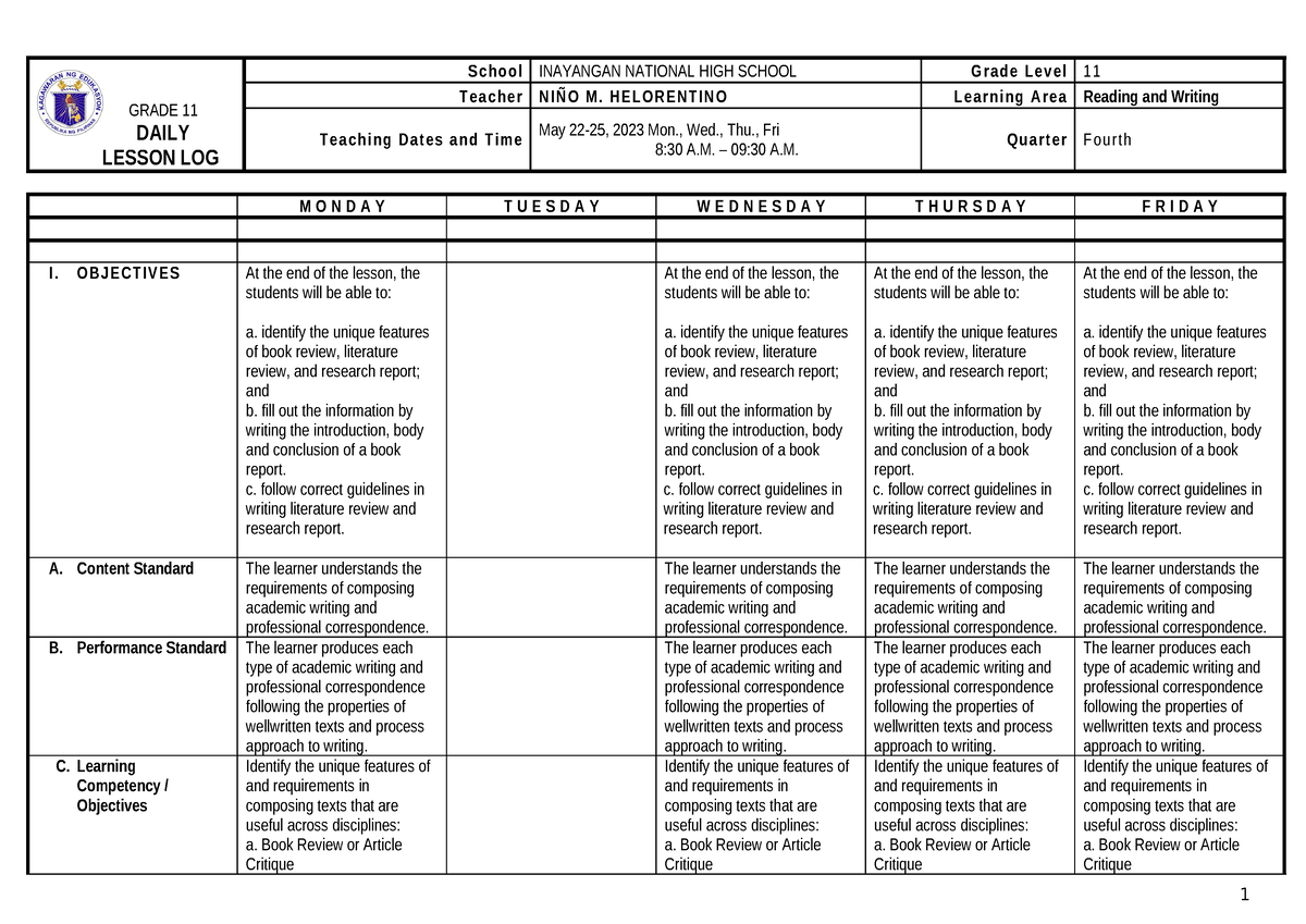 Features OF BOOK Review - GRADE 11 DAILY LESSON LOG School INAYANGAN ...