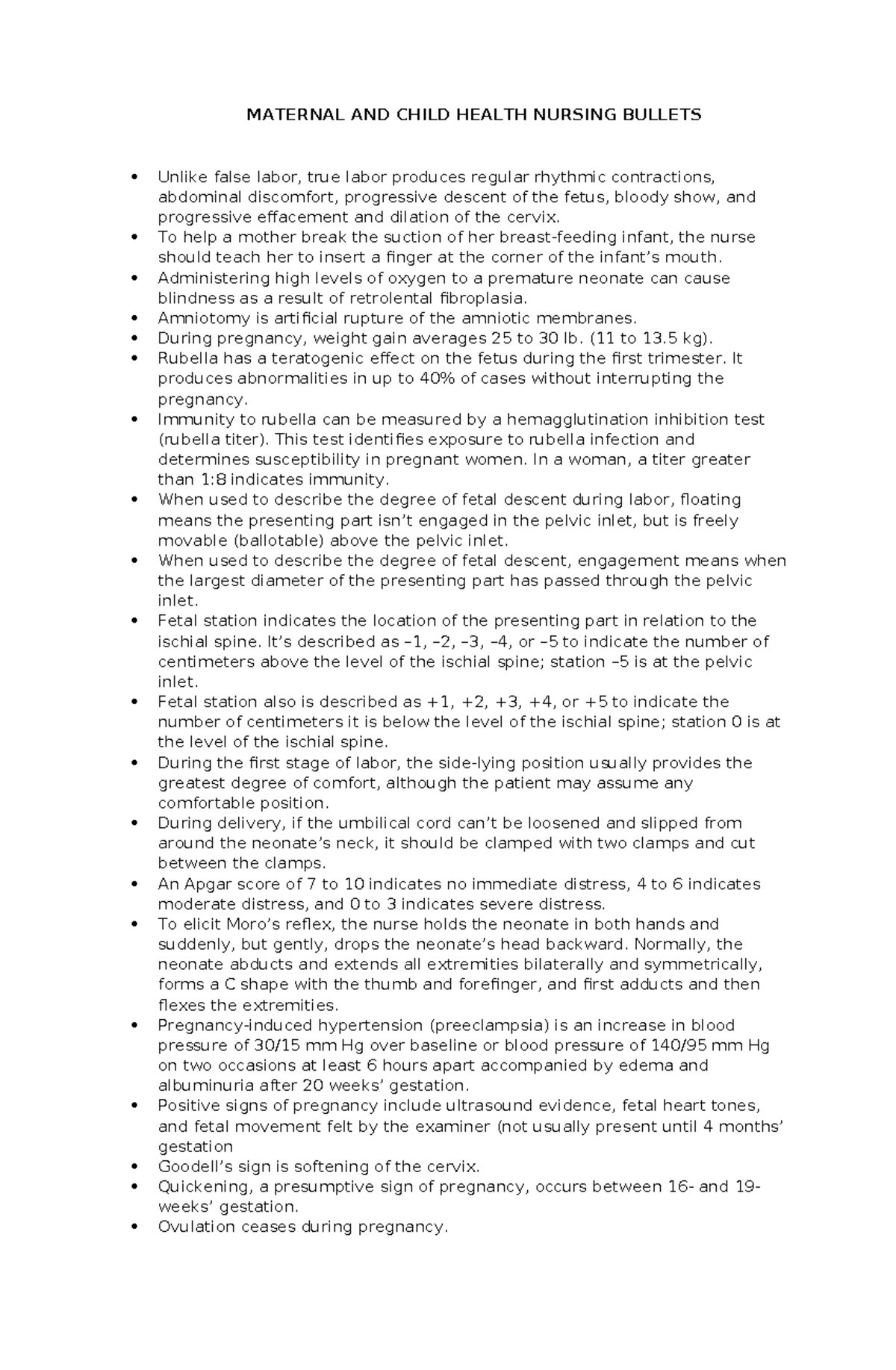 Maternal AND Child Nursing Bullets MATERNAL AND CHILD HEALTH NURSING