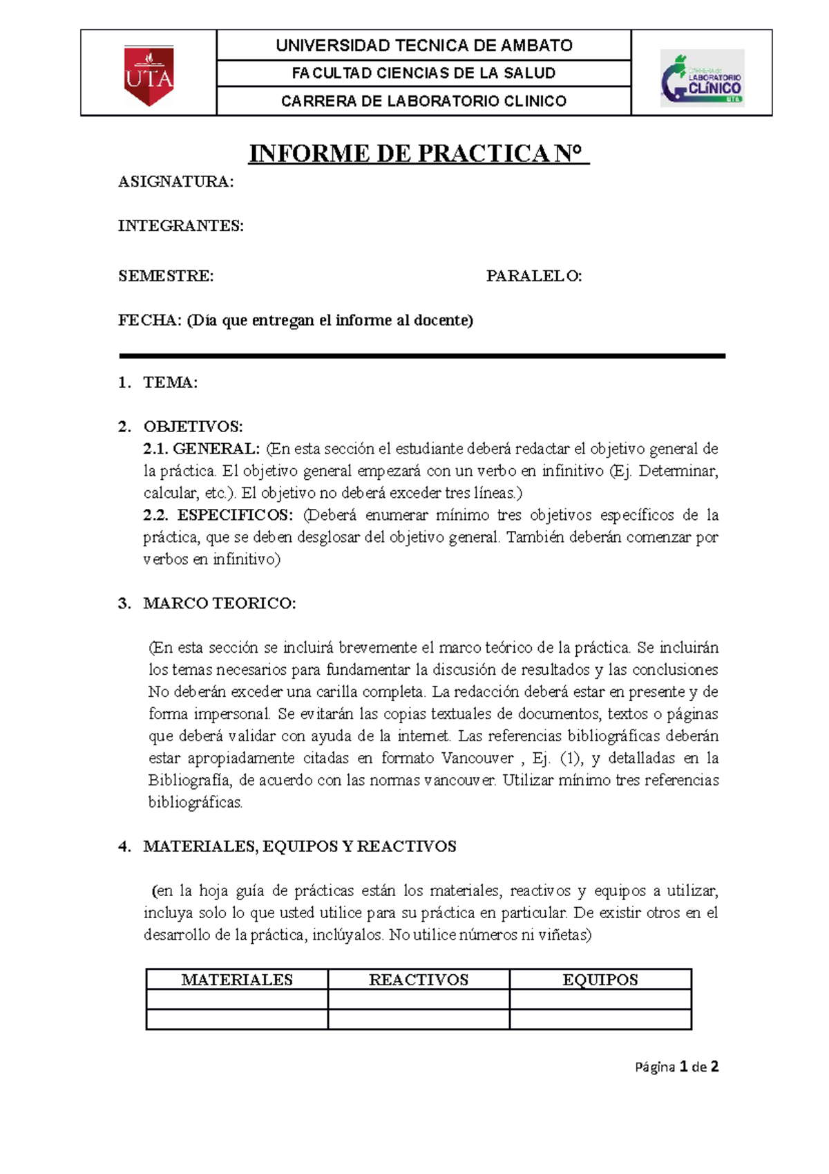 Formato Informe De Laboratorio Uta 1 Docxm Universidad Tecnica De