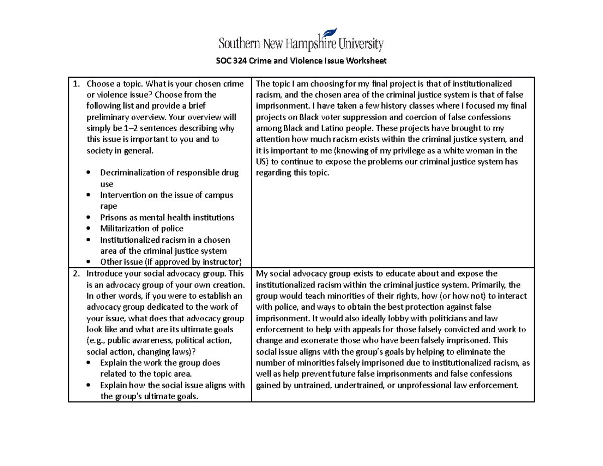 Sociology of Crime &amp; Violence Mod 2 Issue Worksheet - SOC324 - SNHU ...