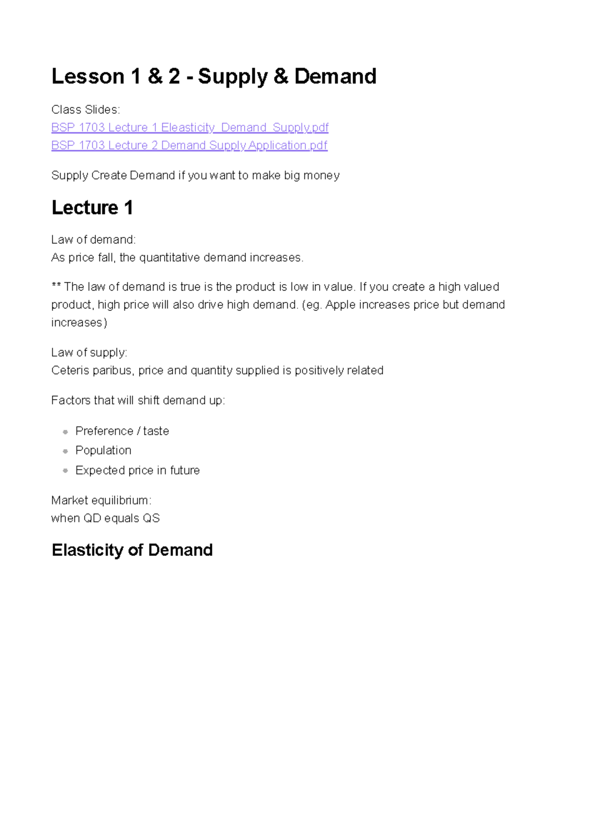 Lesson 1 And 2 - Supply And Demand - Lesson 1 & 2 - Supply & Demand ...