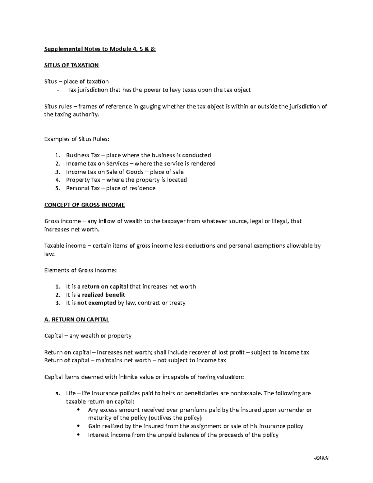 Income taxation in Business Administration note 2 -KAML Supplemental ...