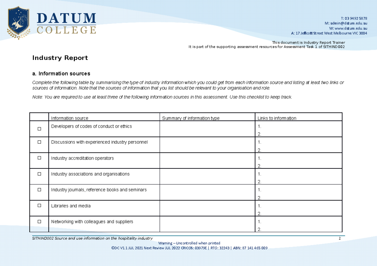 Industry Report Template - M: admin@datum.edu W: datum.edu A: 17 ...