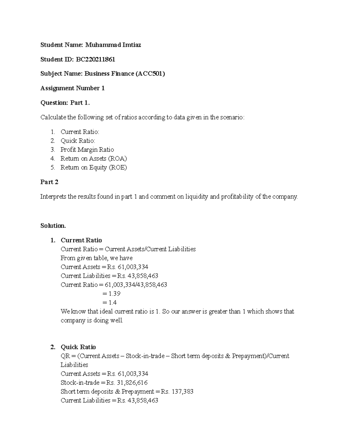 Acc501 Assignment Student Name Muhammad Imtiaz Student Id Bc