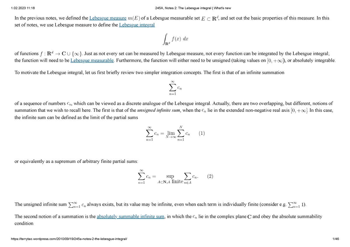 245A, Notes 2 The Lebesgue integral What's new - In the prevous notes ...