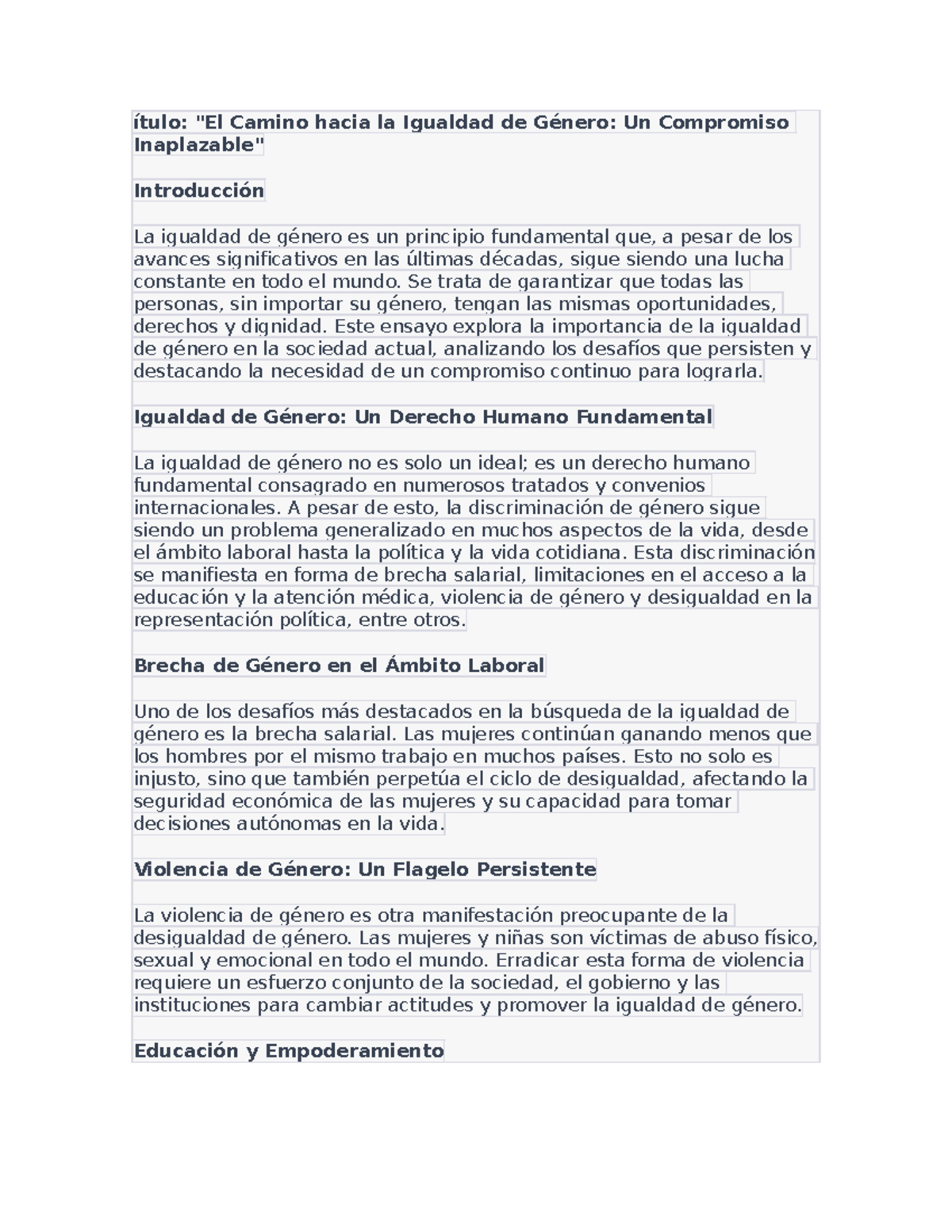 Ensayo igualdad - ítulo: "El Camino hacia la Igualdad de Género: Un ...