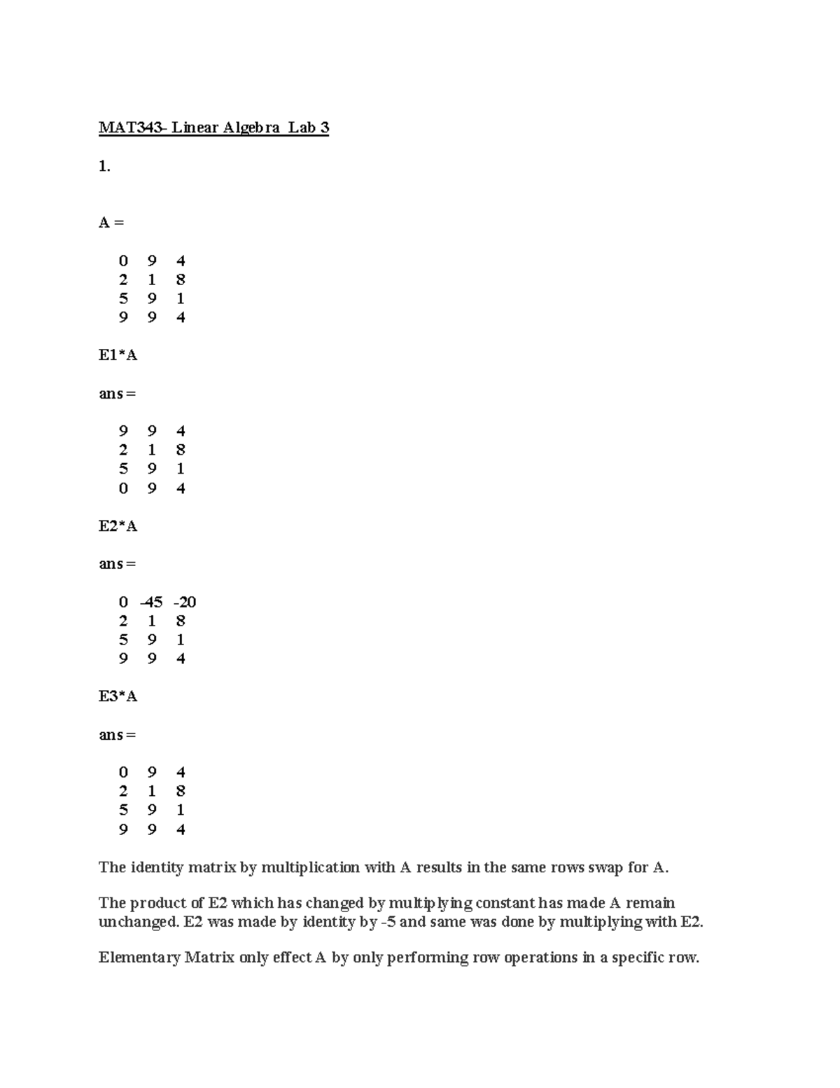 MAT343- Linear Algebra Lab 3 - Khalifah Muhammad MAT343- Linear Algebra ...