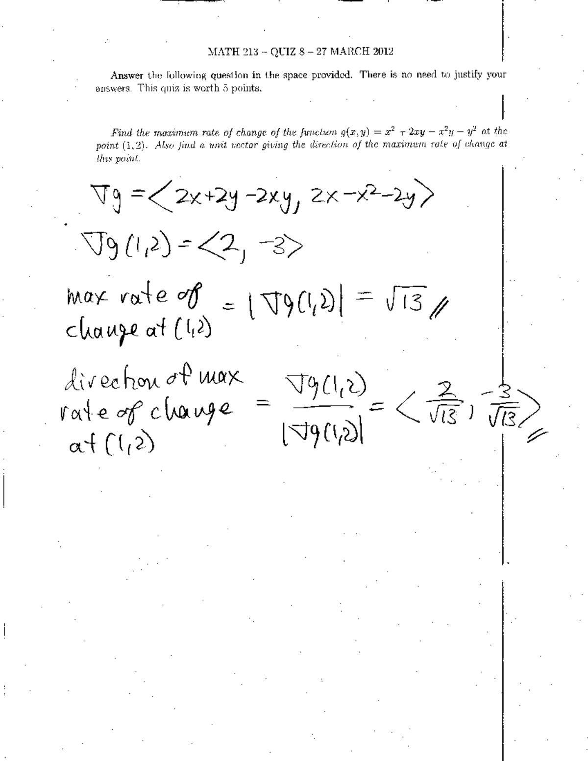 Quiz 8 Questions and Solutions - MATH 213 - Analytic Geom/Calculus Iii ...