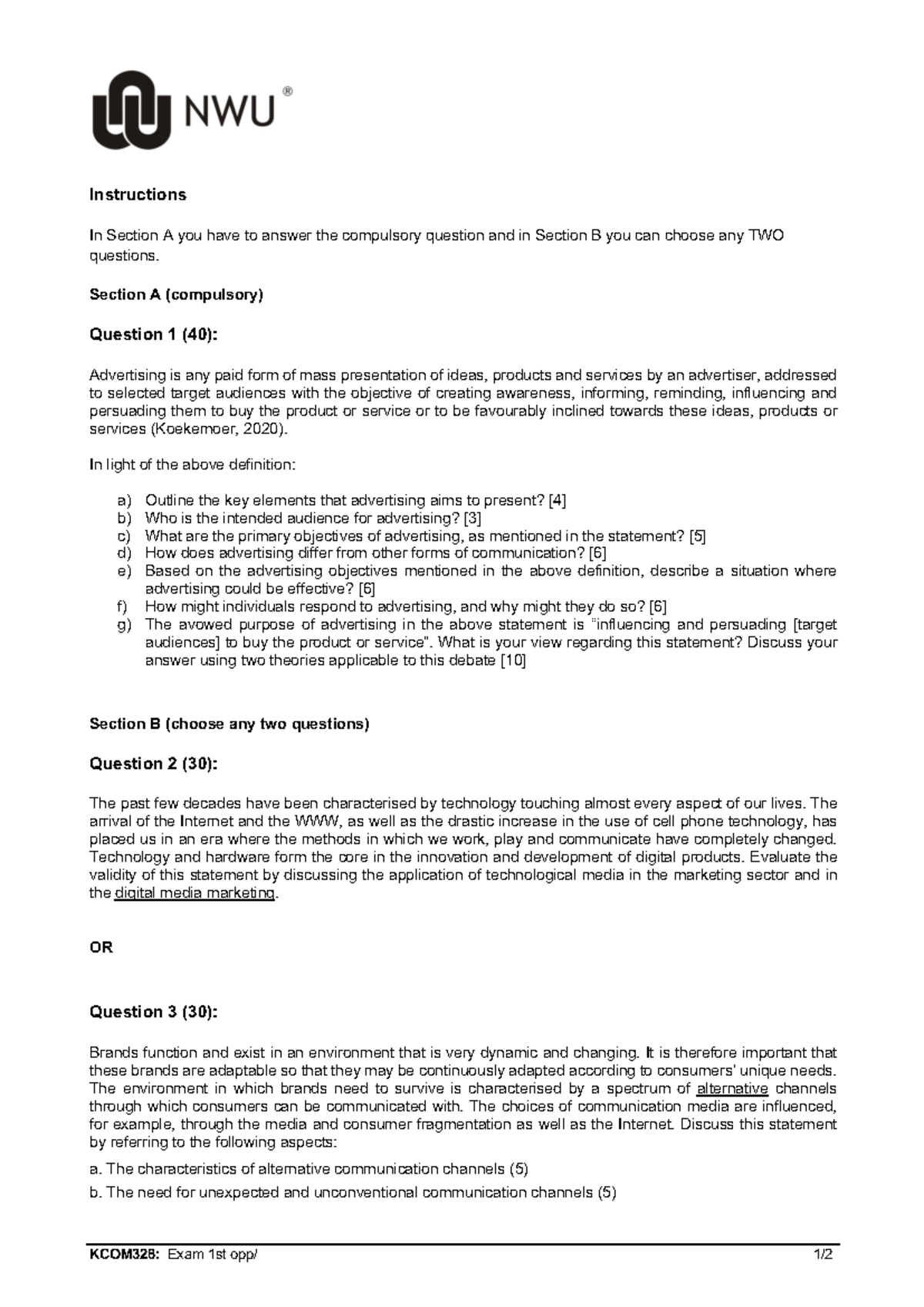 KCOM328+Exam+paper+1+2023 - KCOM328: Exam 1st opp/ 1 / 2 Instructions ...