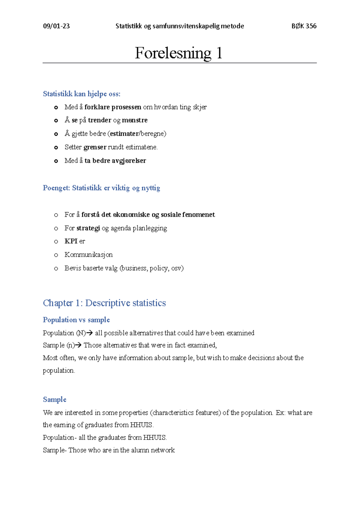 Forelesning Nummer 1 - 09/01-23 Statistikk Og Samfunnsvitenskapelig ...