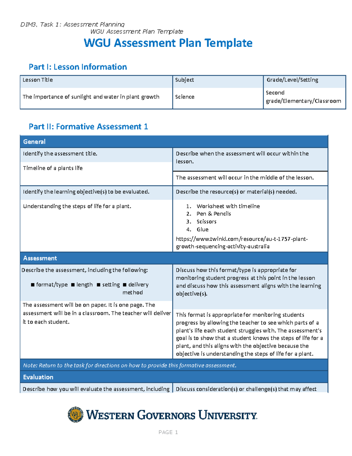 Assessment Plan Task 1 - D090 - WGU - Studocu