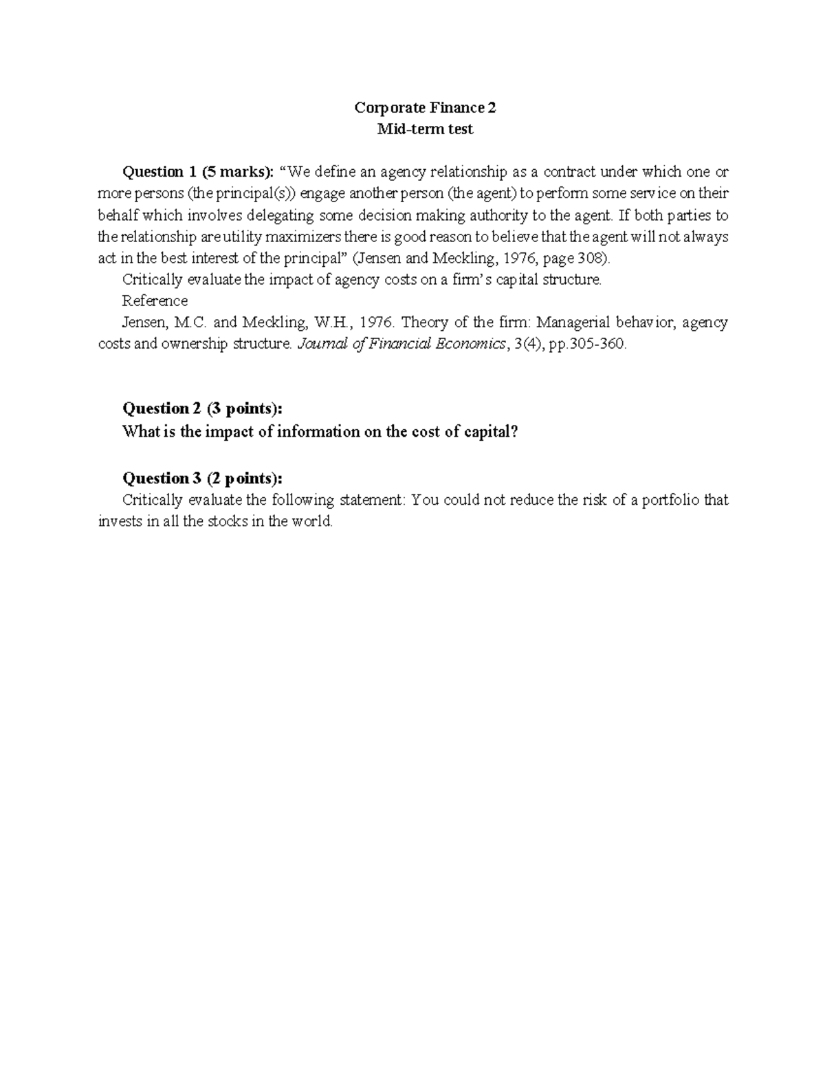 Mid term test 2023 - a midterm test of corporate finance 2 - Corporate ...