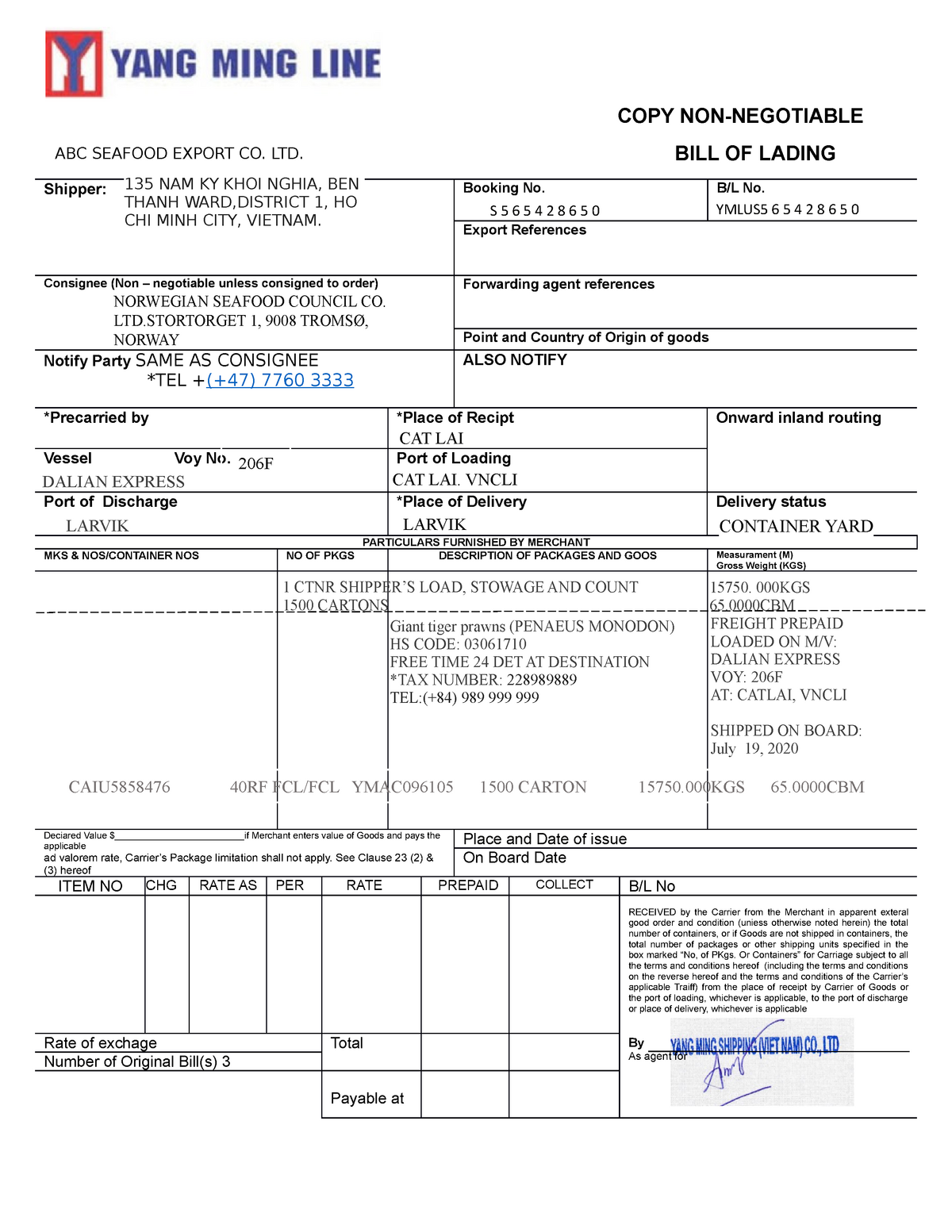 Bill of Lading Lecture notes 1 COPY NONNEGOTIABLE BILL OF LADING