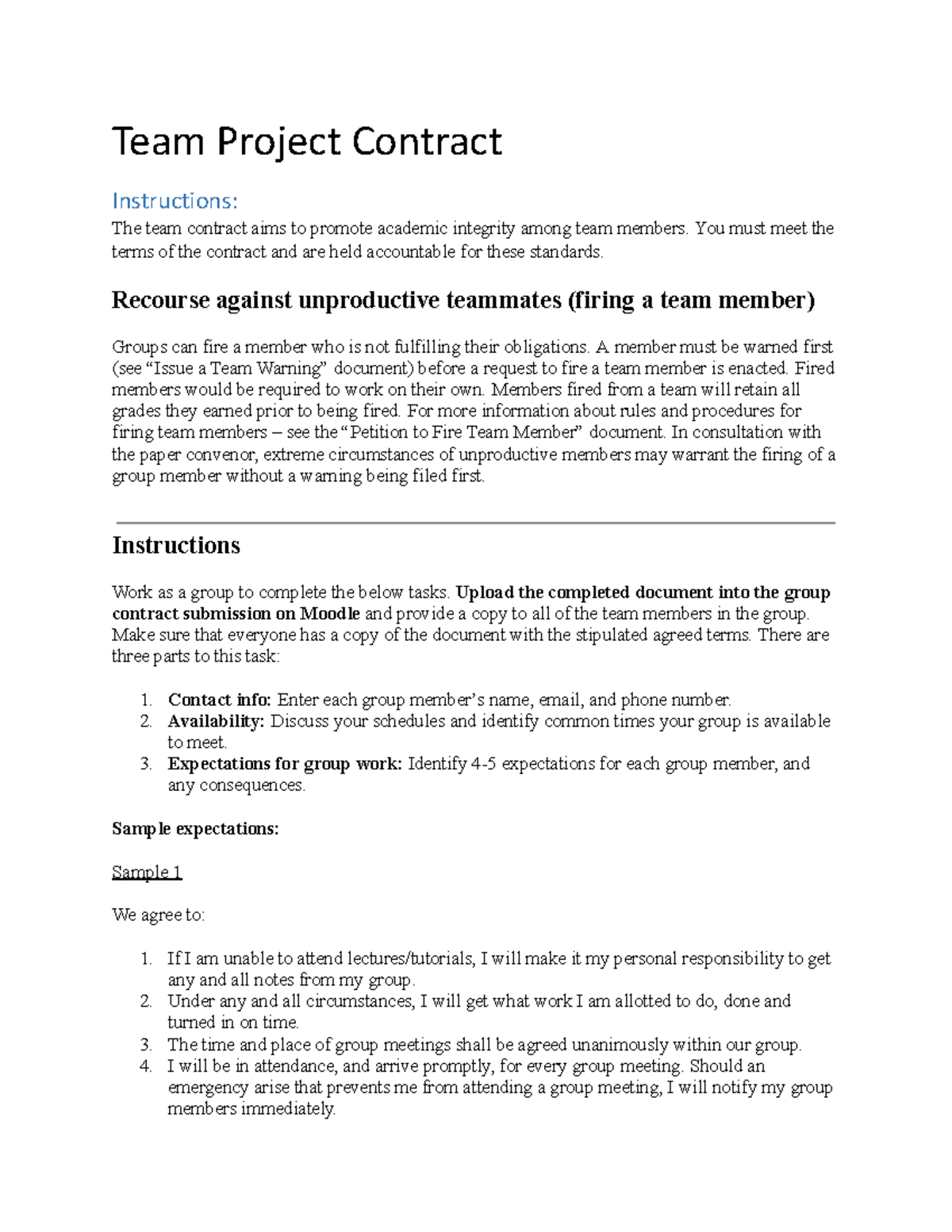 Group contract - A+ grade - Team Project Contract Instructions: The ...