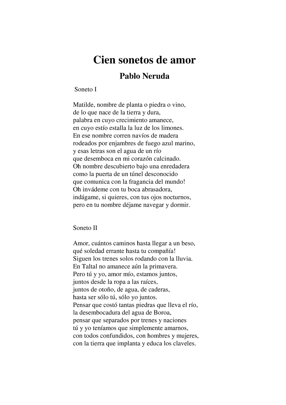 Cien Poemas varios Cien sonetos de amor Pablo Neruda Soneto I