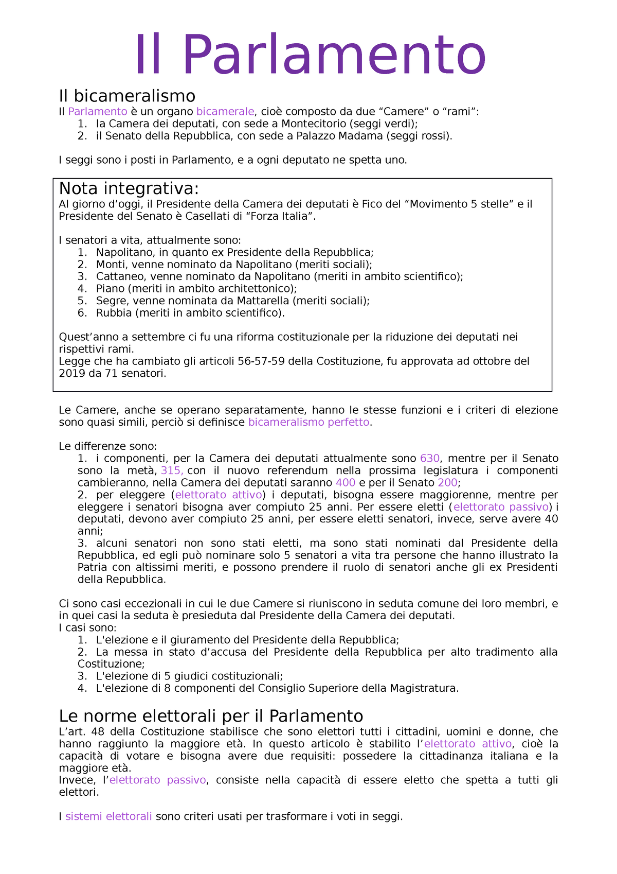 Riassunto Parlamento italiano - Il Parlamento Il bicameralismo Il  Parlamento è un organo bicamerale, - Studocu