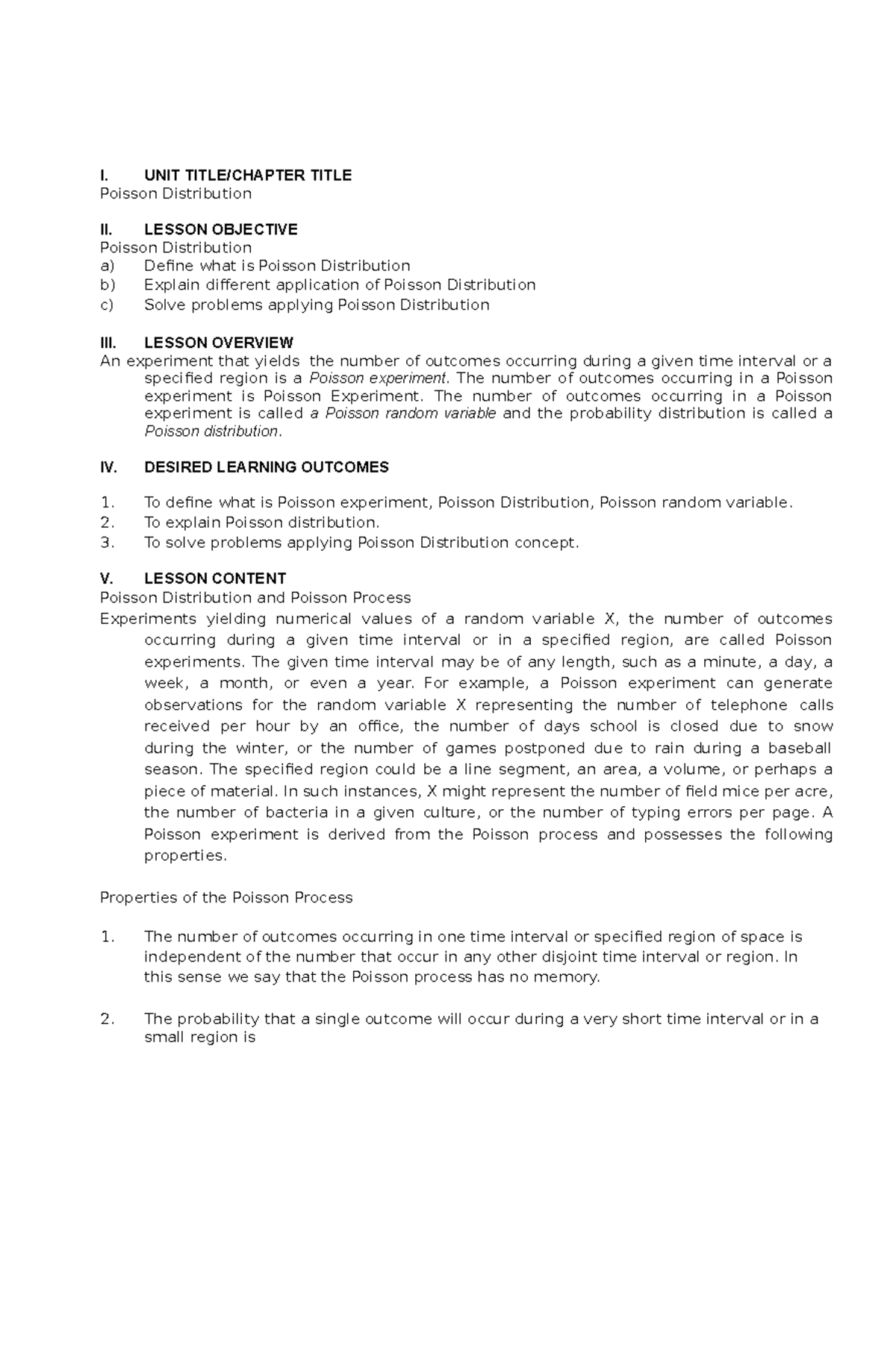 Module 6 - Poisson Distribution - I. UNIT TITLE/CHAPTER TITLE Poisson ...