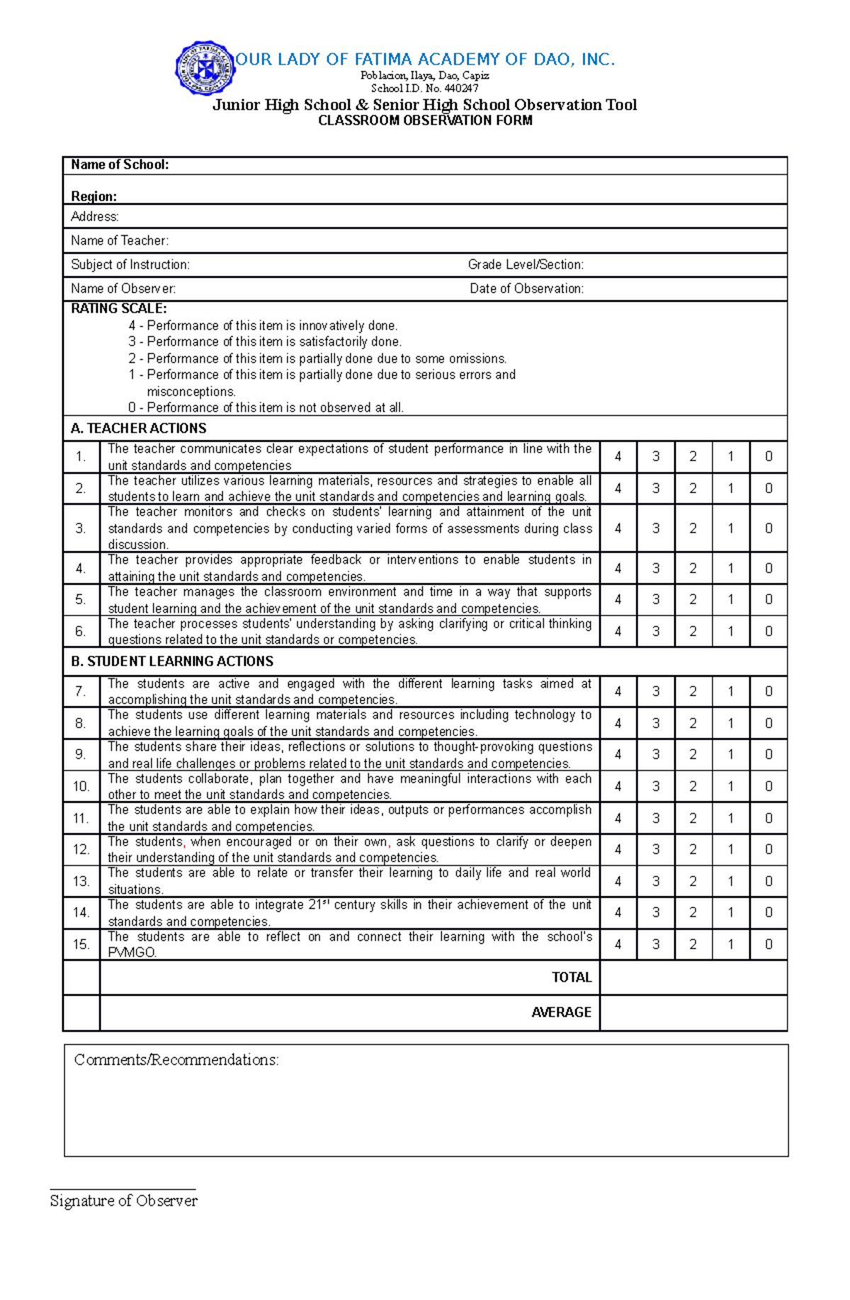 SHS &JHS Observation Tool - OUR LADY OF FATIMA ACADEMY OF DAO, INC ...