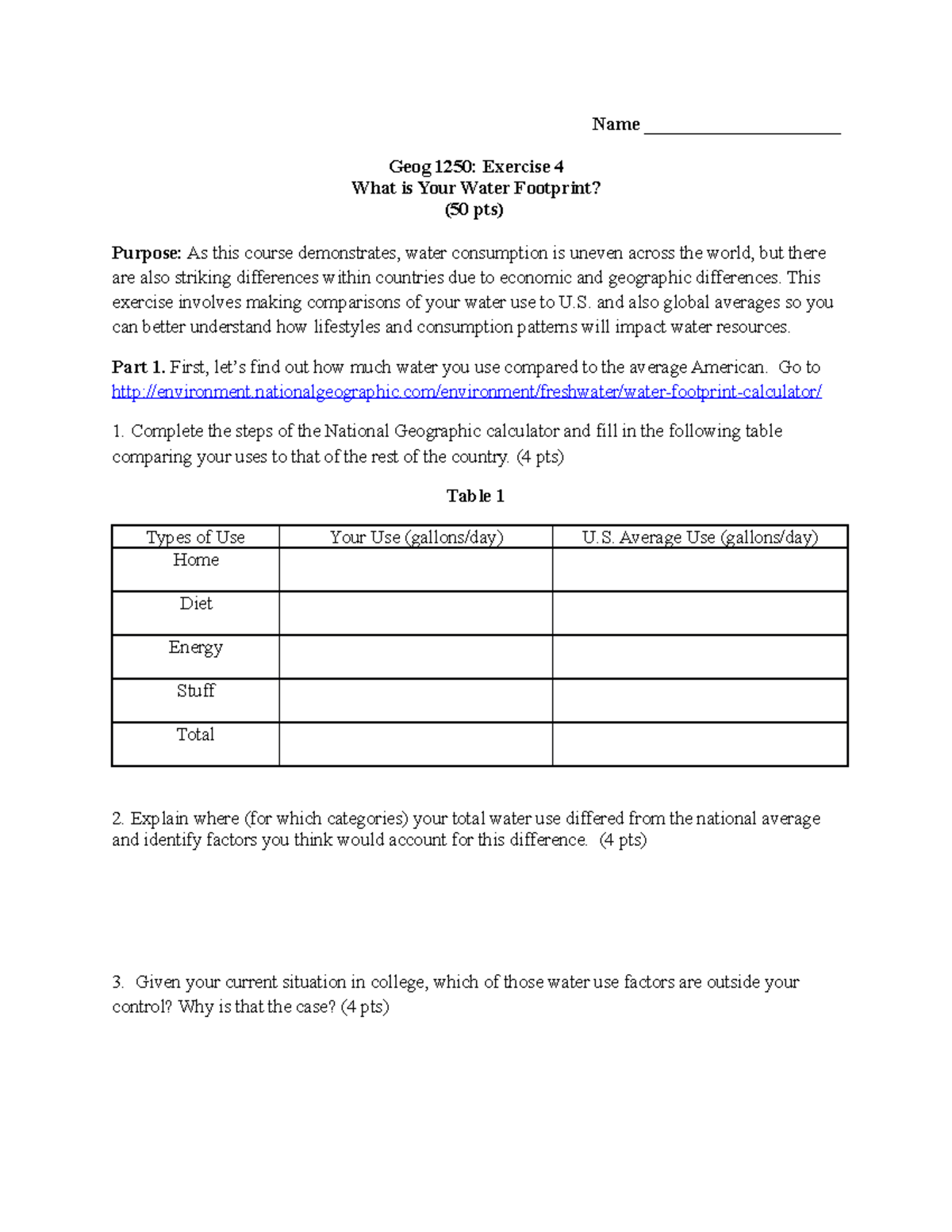 Exercise 4Water Footprint - Name _____________________ Geog 1250 ...