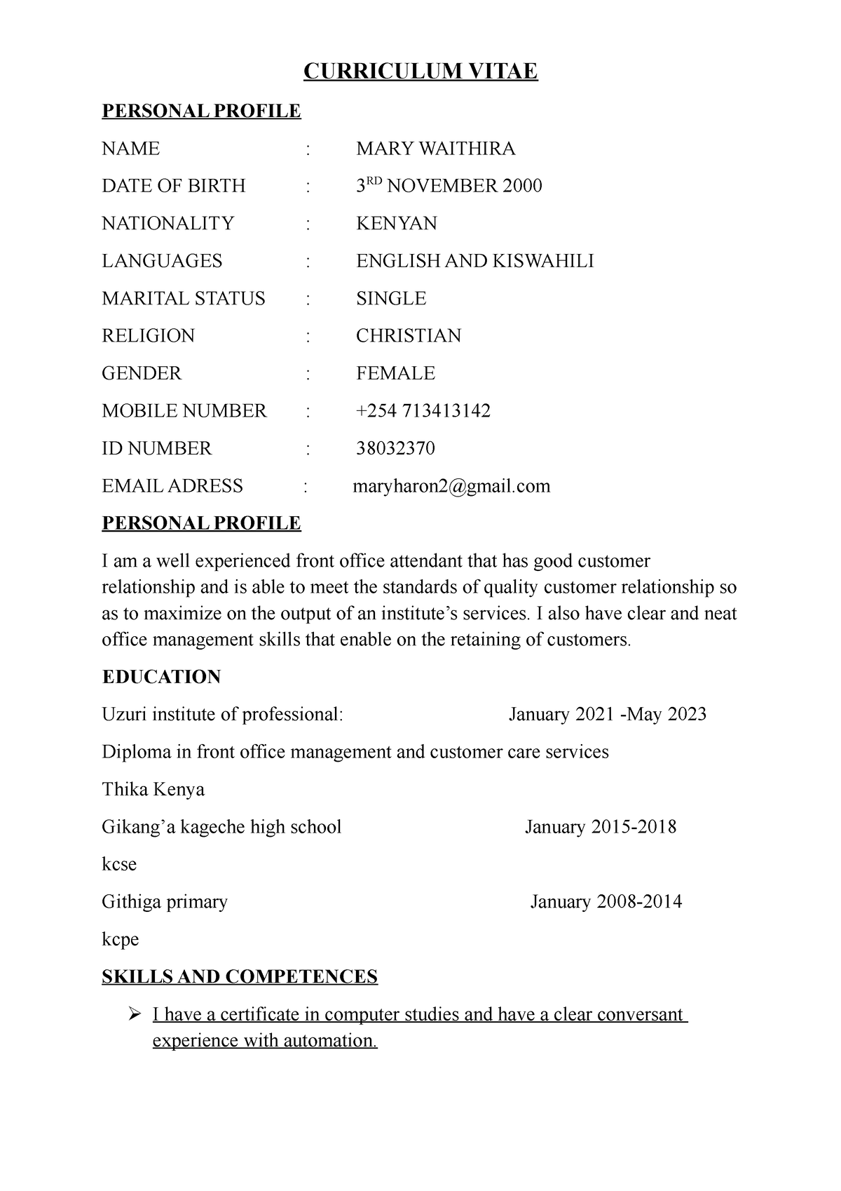 Curriculum Vitae mary - n/a - CURRICULUM VITAE PERSONAL PROFILE NAME ...