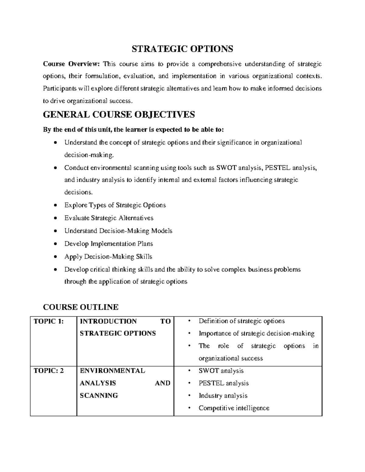 Strategic Options Course Outline - STRATEGIC OPTIONS Course Overview ...