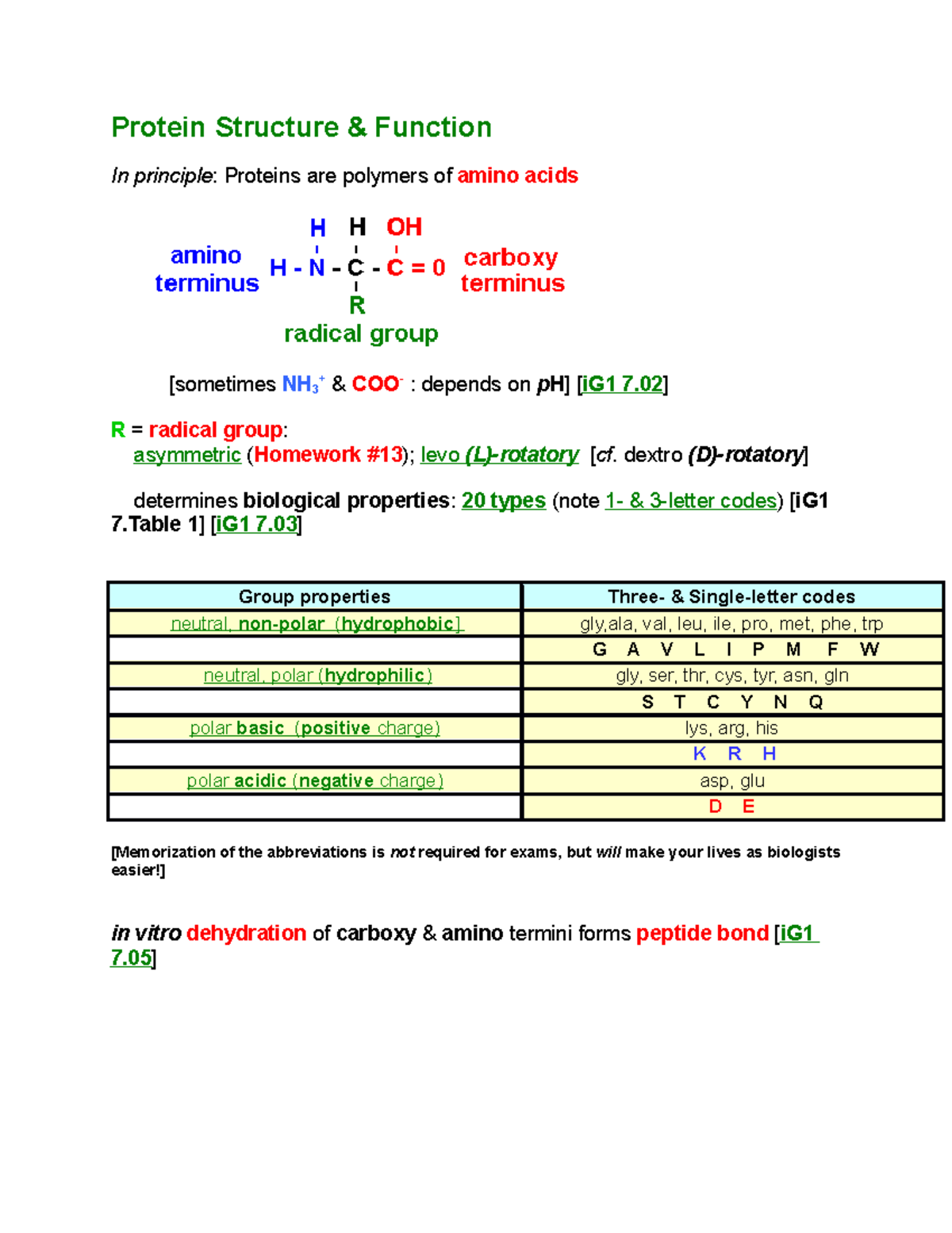 Protein Structure lecture notes 5 Protein Structure & Function In