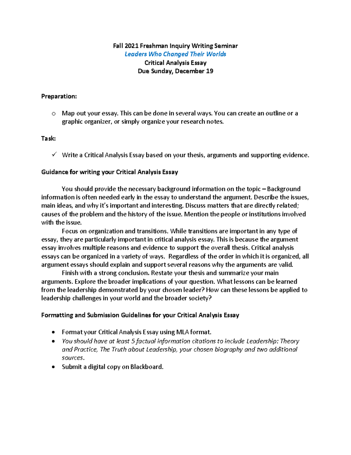 Critical Analysis Essay - Fall 2021 Freshman Inquiry Writing Seminar ...