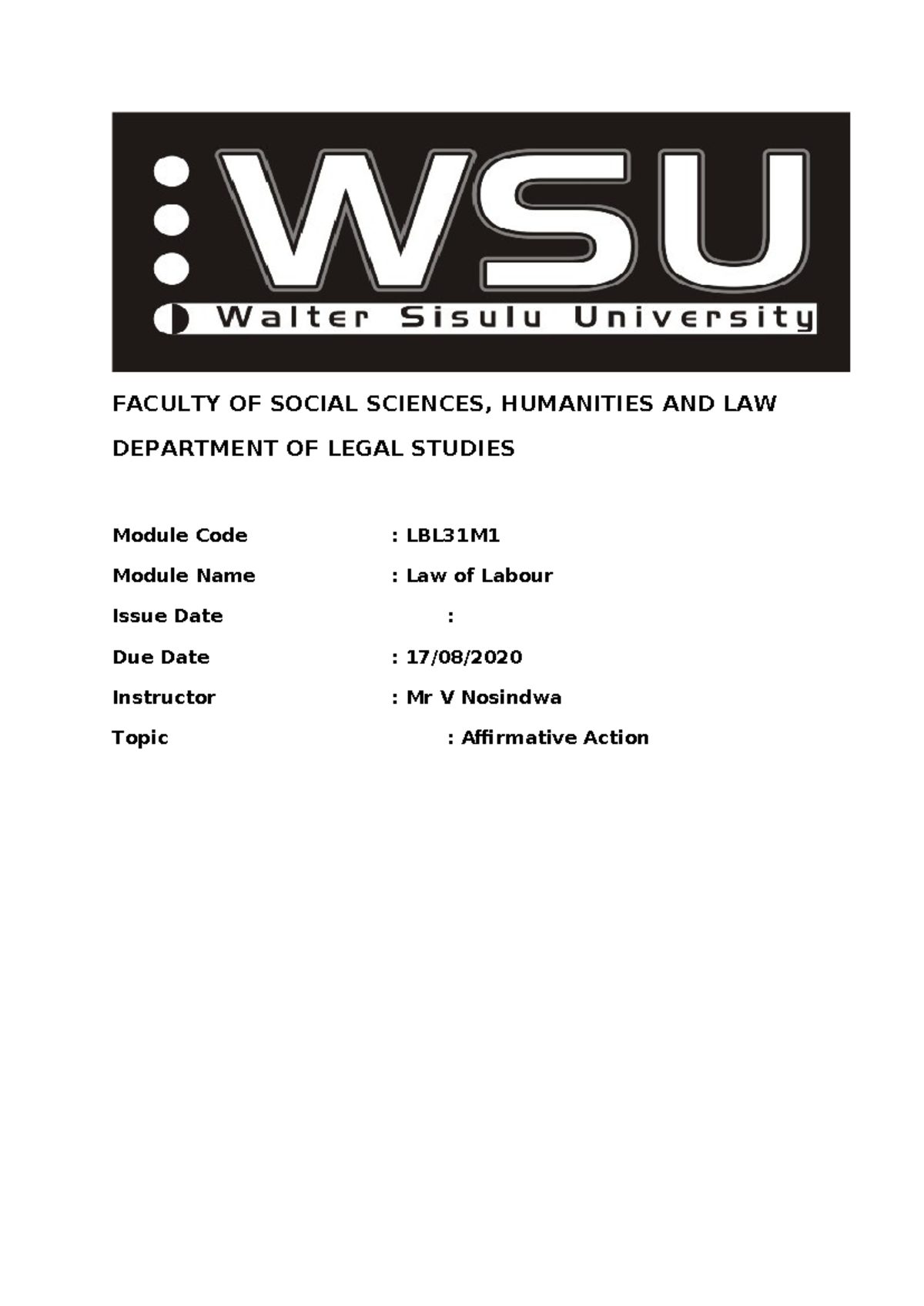 Labour Law Group Assignment - FACULTY OF SOCIAL SCIENCES, HUMANITIES ...