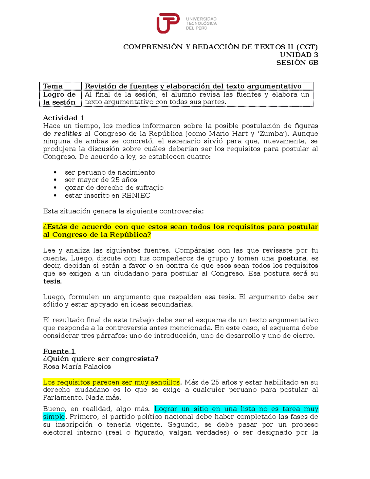 U3 S6 Texto Argumentativo (requisitos Congreso) - COMPRENSIÓN Y ...