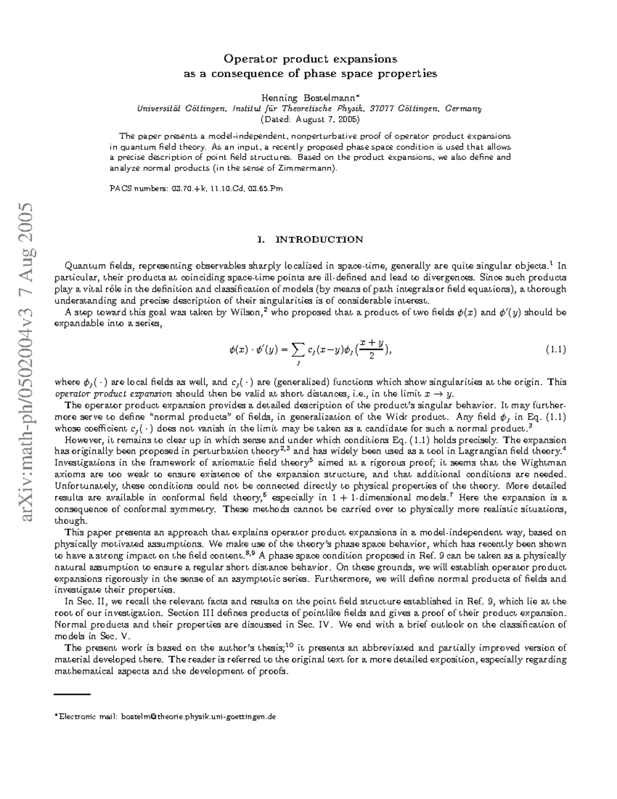 0502004 - Cours - arXiv:math-ph/0502004v3 7 Aug 2005 Operator product ...