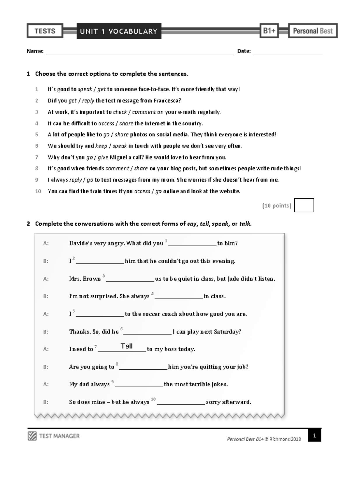 Personal Best B1+ Unit 1 Vocab test - UNIT 1 VOCABULARY 1 Personal Best ...