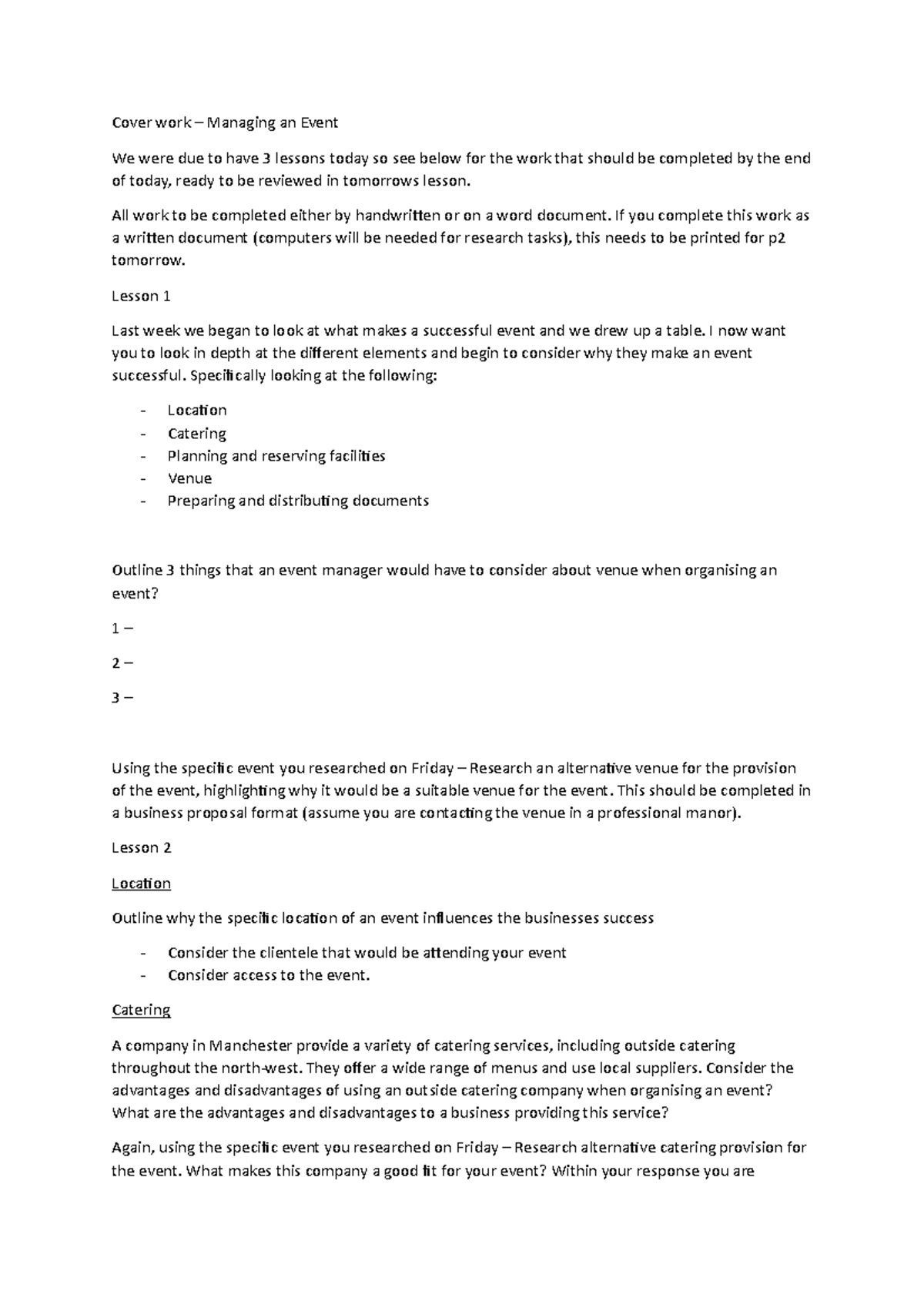 Cover work notes Cover work Managing an Event We were due to have