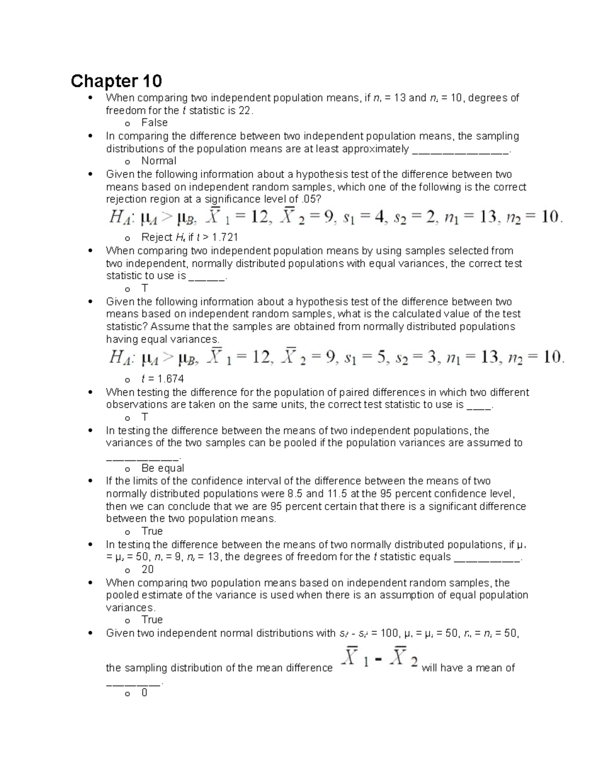 Stats 303 Chapter 10 Assignment - Chapter 10 When comparing two ...