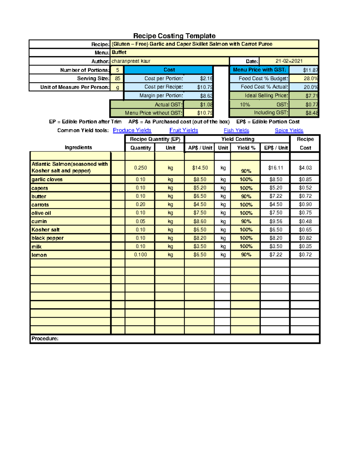 Buffet Menus - testing - Recipe Costing Template Recipe: (Gluten – Free ...
