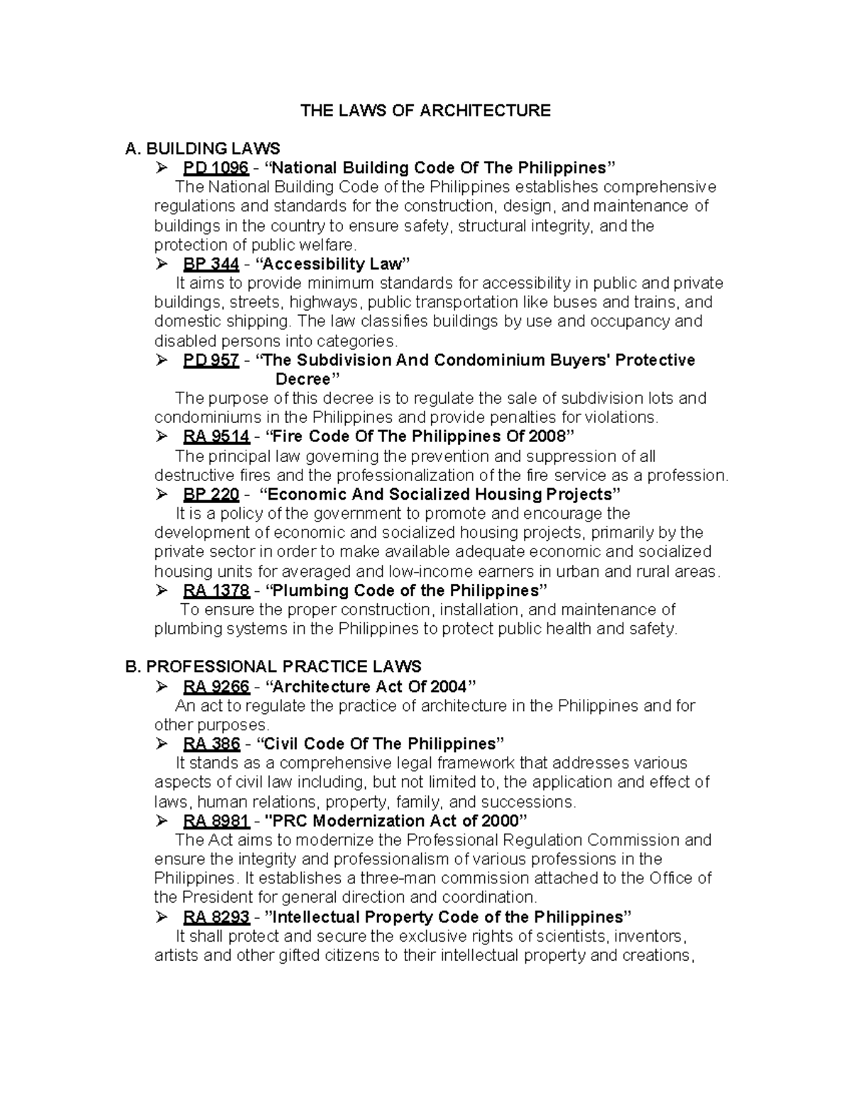 Laws of Architecture THE LAWS OF ARCHITECTURE A. BUILDING LAWS PD