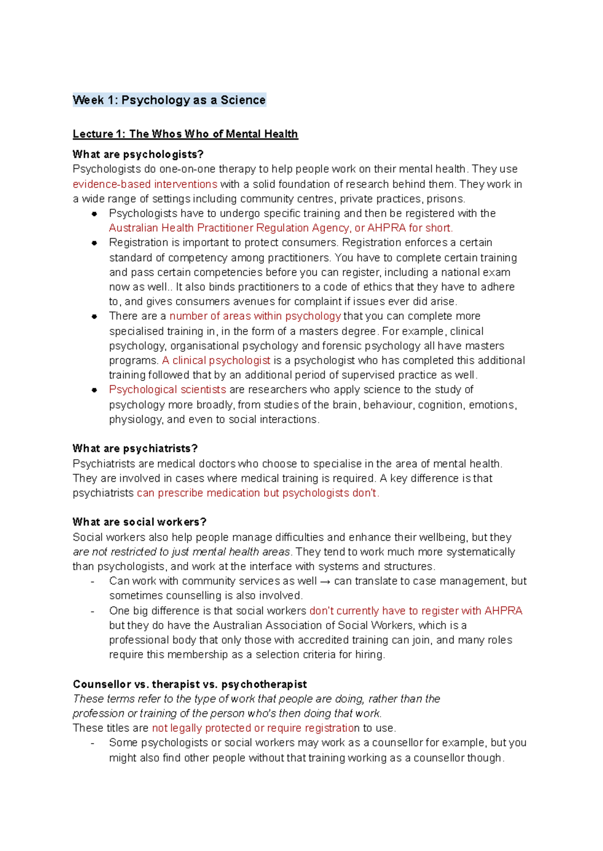 PSYC1024 Notes - Week 1: Psychology as a Science Lecture 1: The Whos ...