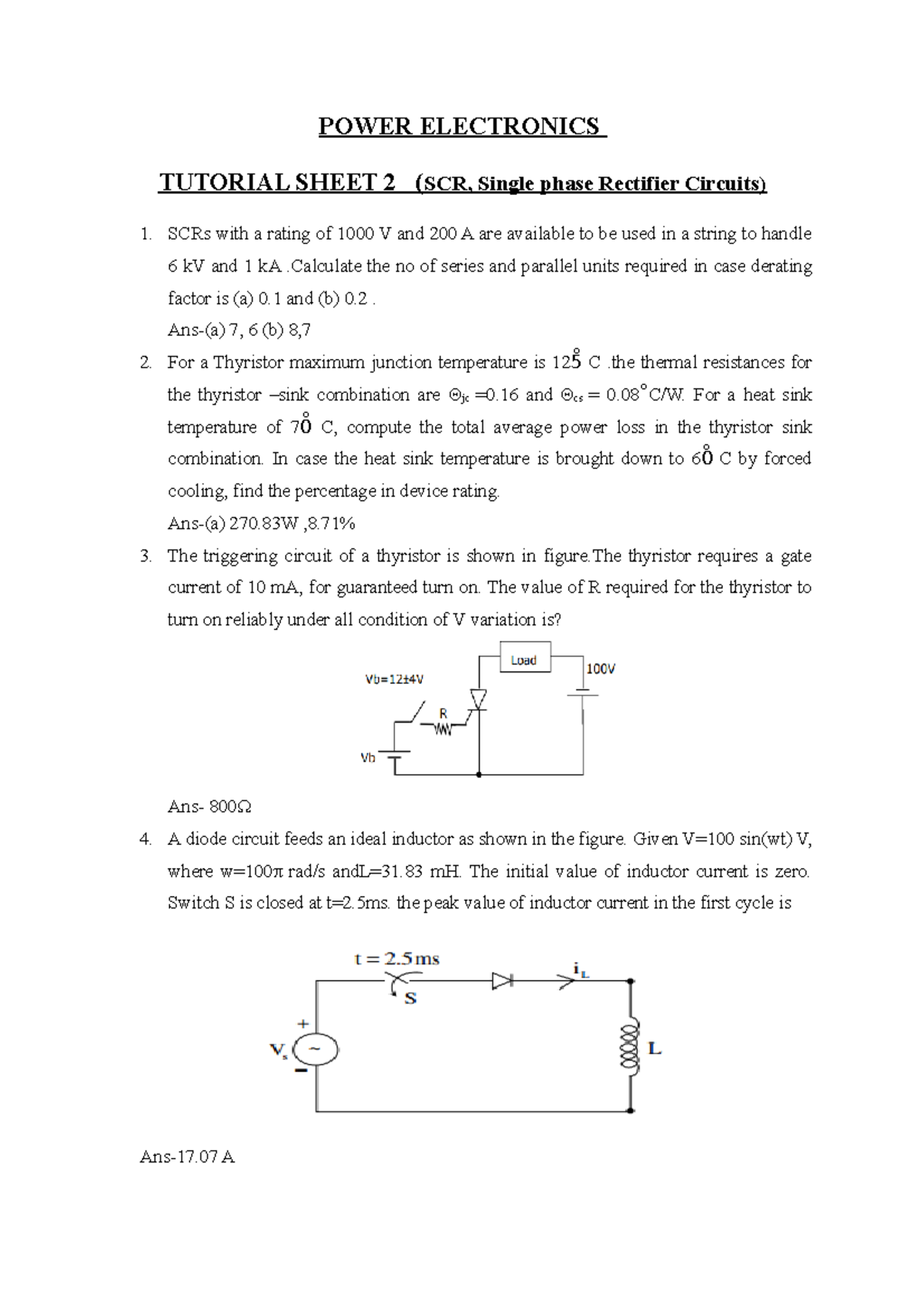 Power electronics Tut2 POWER ELECTRONICS TUTORIAL SHEET 2 (SCR
