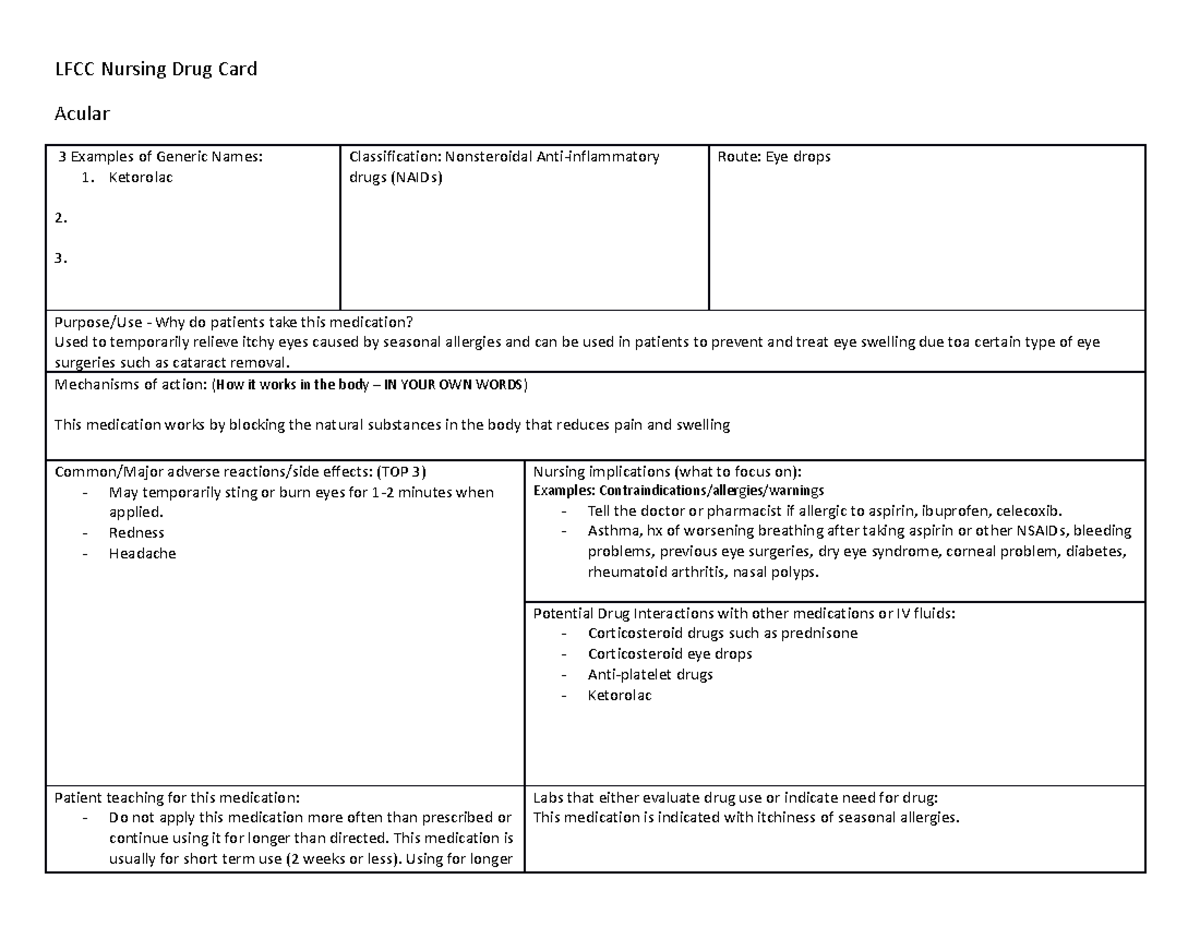 Drug Card - Acular - drugt cards - LFCC Nursing Drug Card Acular 3 ...