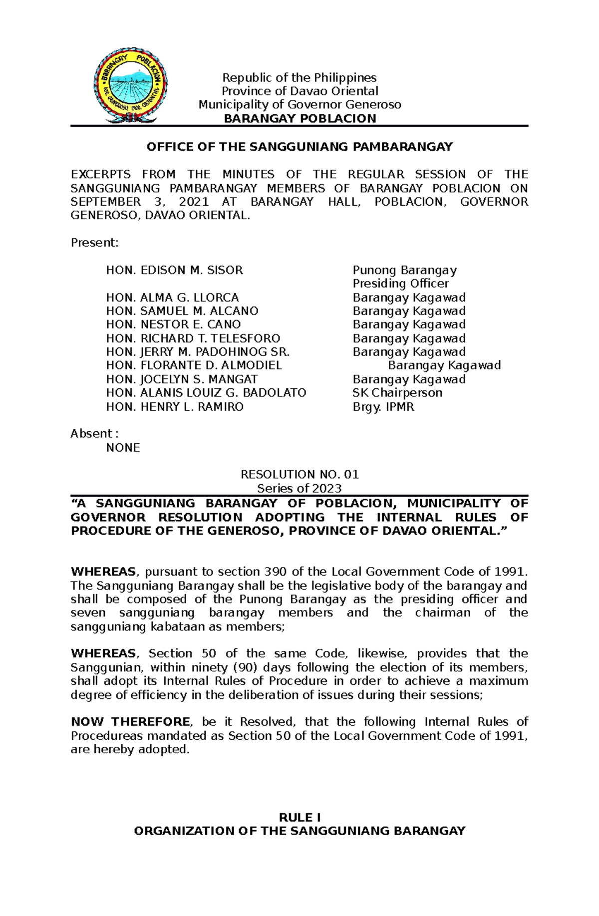 Resolution NO. 1 -IRR - fgg - Republic of the Philippines Province of ...