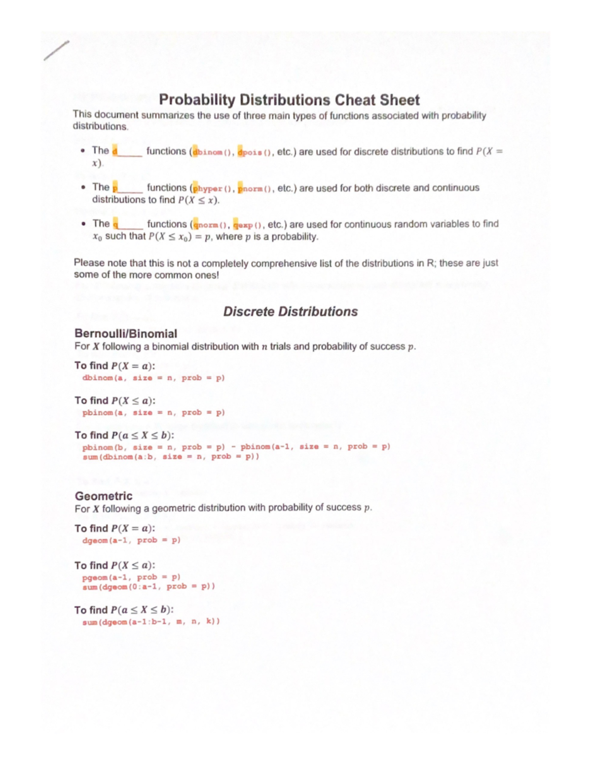 Probability Distributions Sheet and Formula - Stat 213 - Studocu
