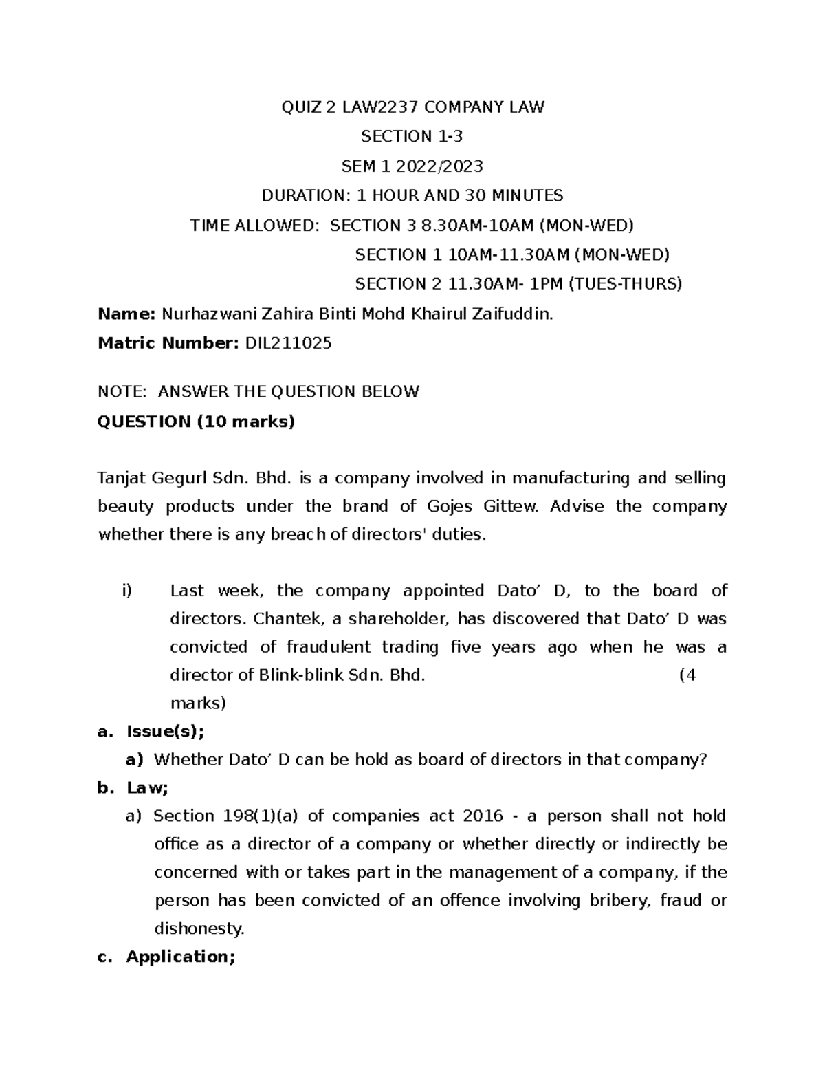 QUIZ 2 LAW2237 Company LAW - QUIZ 2 LAW2237 COMPANY LAW SECTION 1- SEM ...