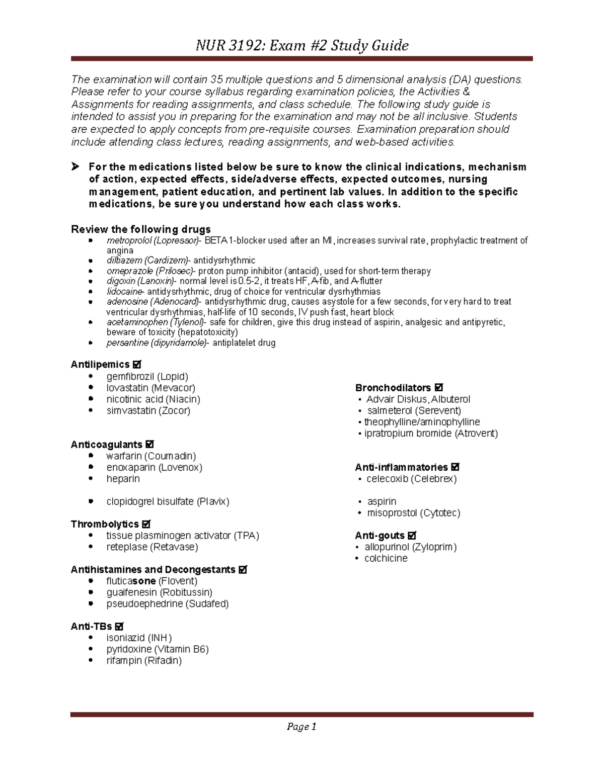 Study Guide with Drugs - lecture notes for pharmacology 2 exam 2 - NUR ...