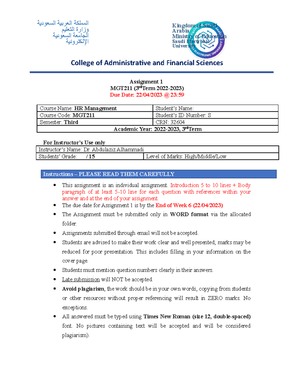 Assignment ONE MGT211- Third Semester - Kingdom Of Saudi Arabia ...