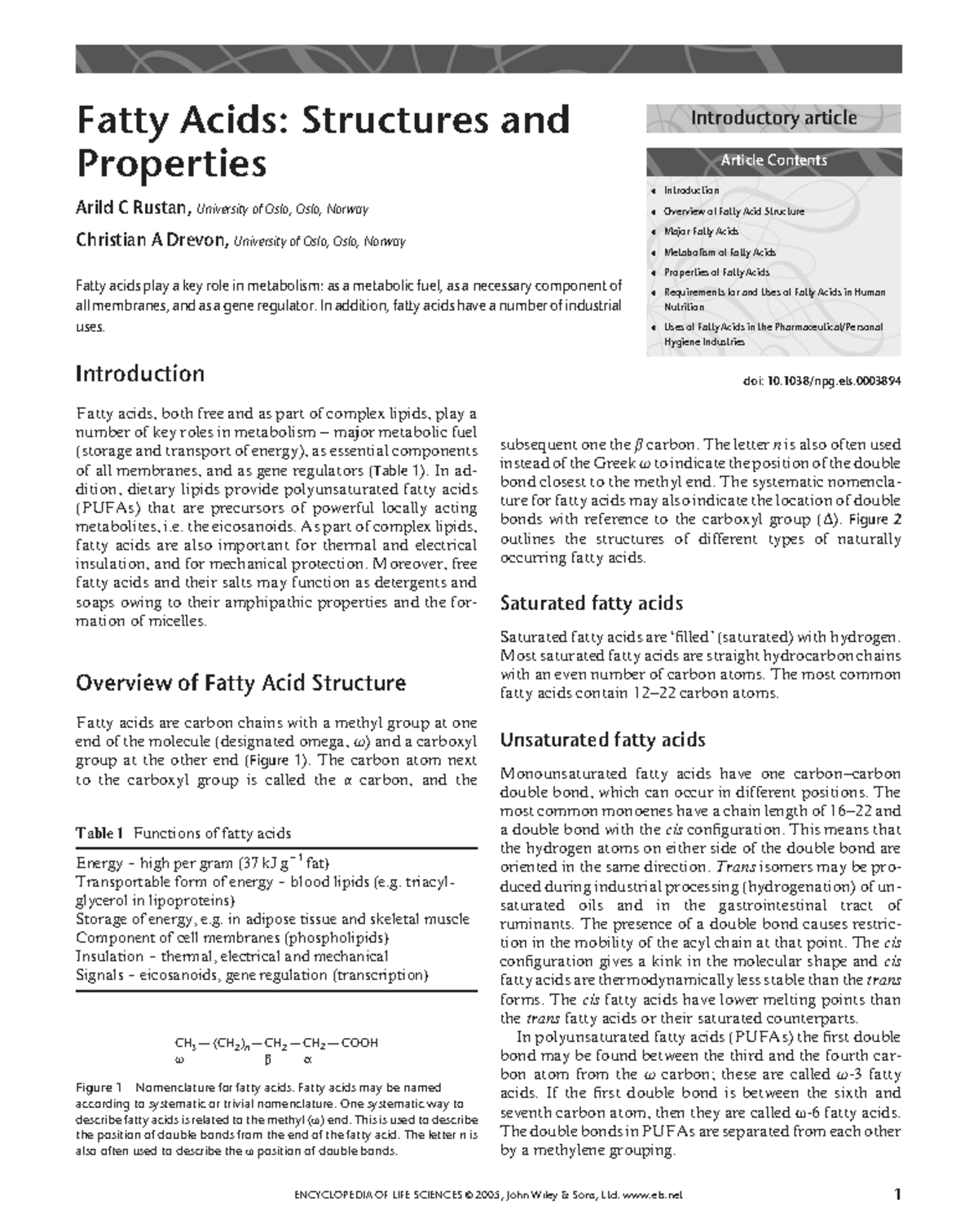 Fatty acids Lecture notes Fatty Acids Structures and Properties