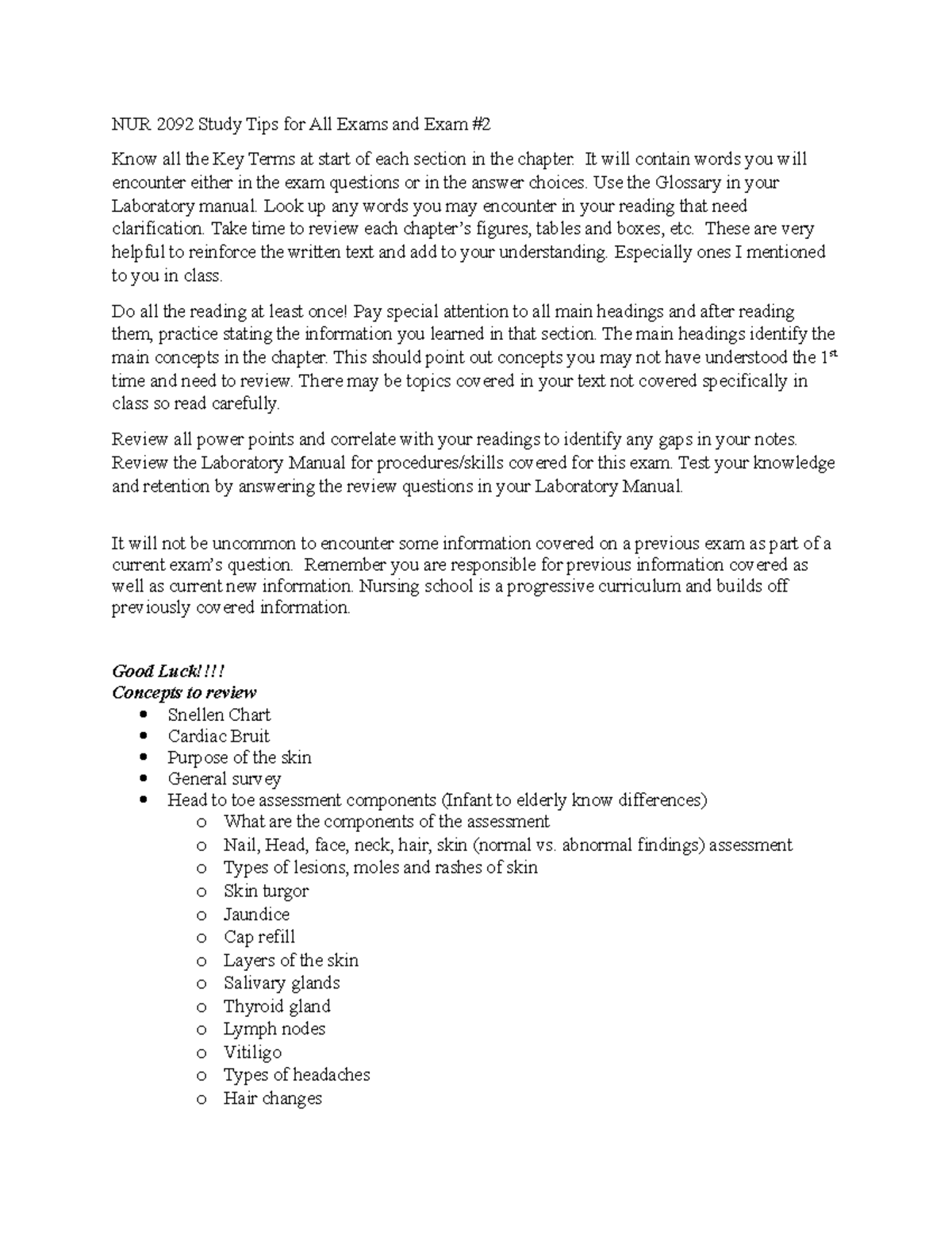 Concept guide for exam 2 - NUR 2092 Study Tips for All Exams and Exam ...