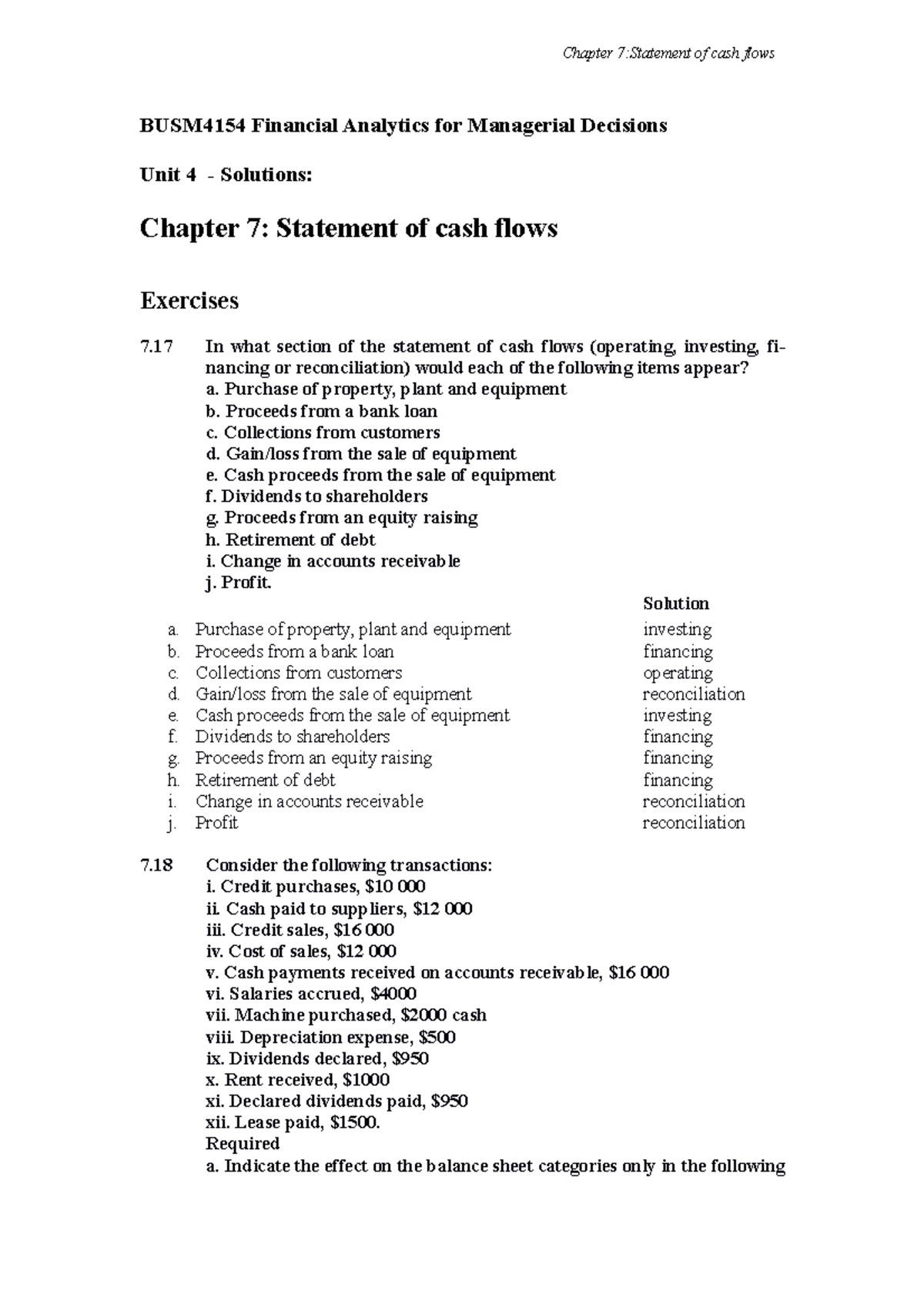 6e Unit 4 Solutions - exercise - Chapter 7:Statement of cash flows ...