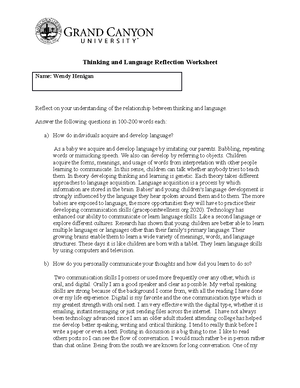 PHI105 - worksheet - Thinking and Language Reflection Worksheet Name: Wendy  Henigan Reflect on your - Studocu