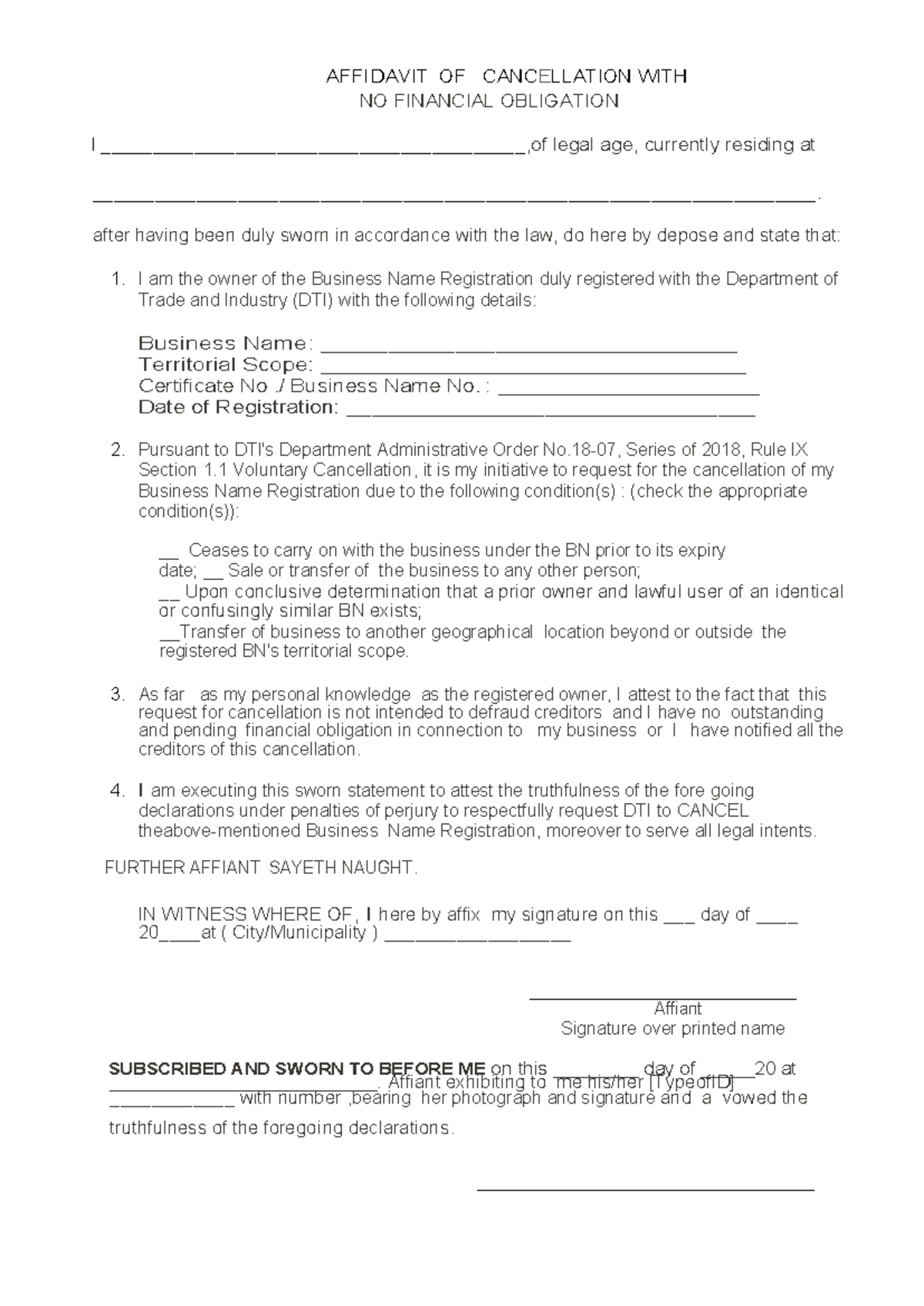 Affidavit OF Cancellation WITH - AFFI DAVIT OF CANCELLATION WITH NO ...